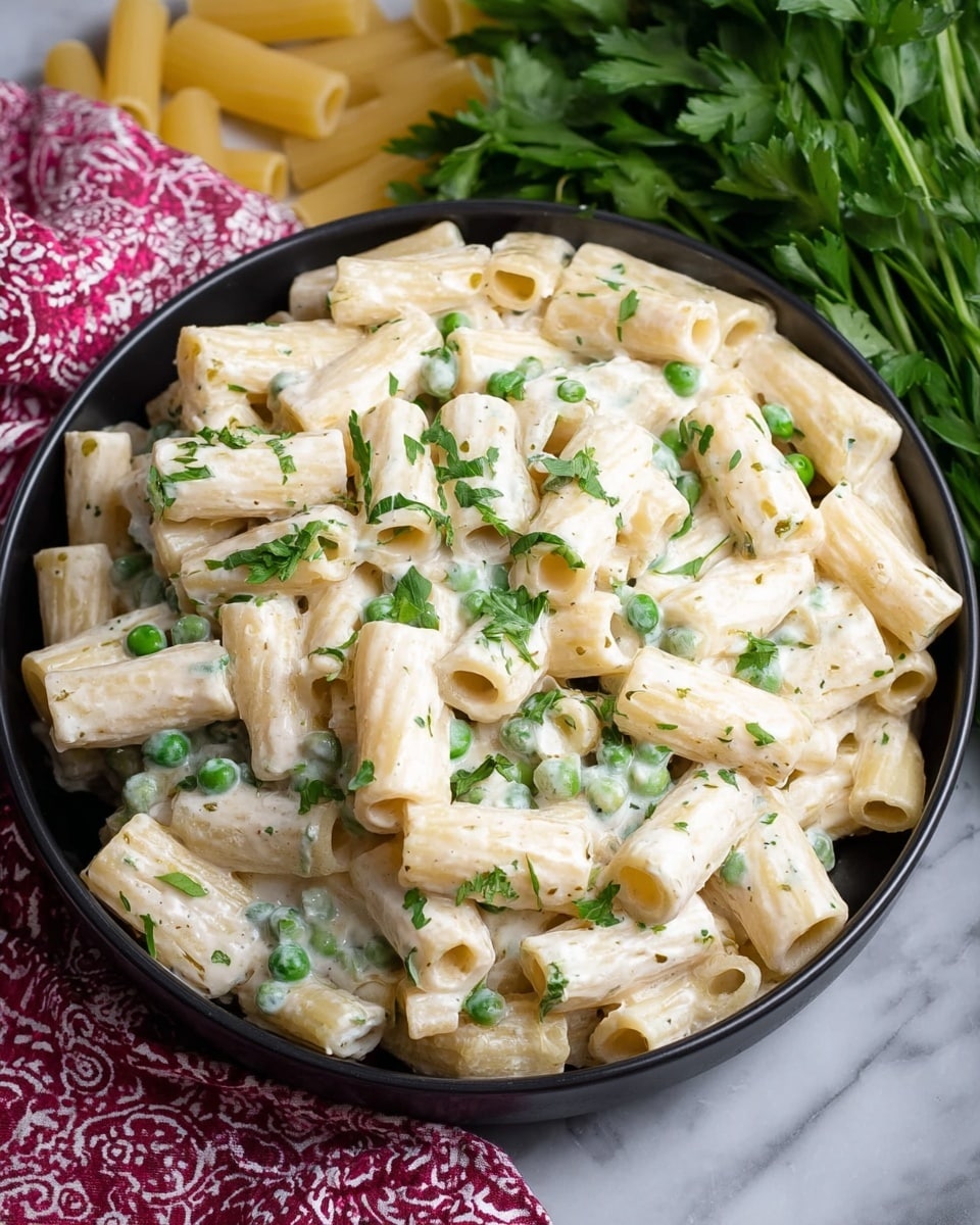 A close-up of rigatoni pasta coated in a creamy white sauce with small green peas and bits of chopped parsley scattered throughout. The rigatoni tubes are evenly mixed with the sauce, giving a smooth texture with light green accents from the peas and parsley. The dish is served in a round black bowl placed on a white marbled surface, alongside some fresh parsley and uncooked rigatoni pasta. A red and white patterned cloth is partially visible beneath the bowl. photo taken with an iphone --ar 4:5 --v 7