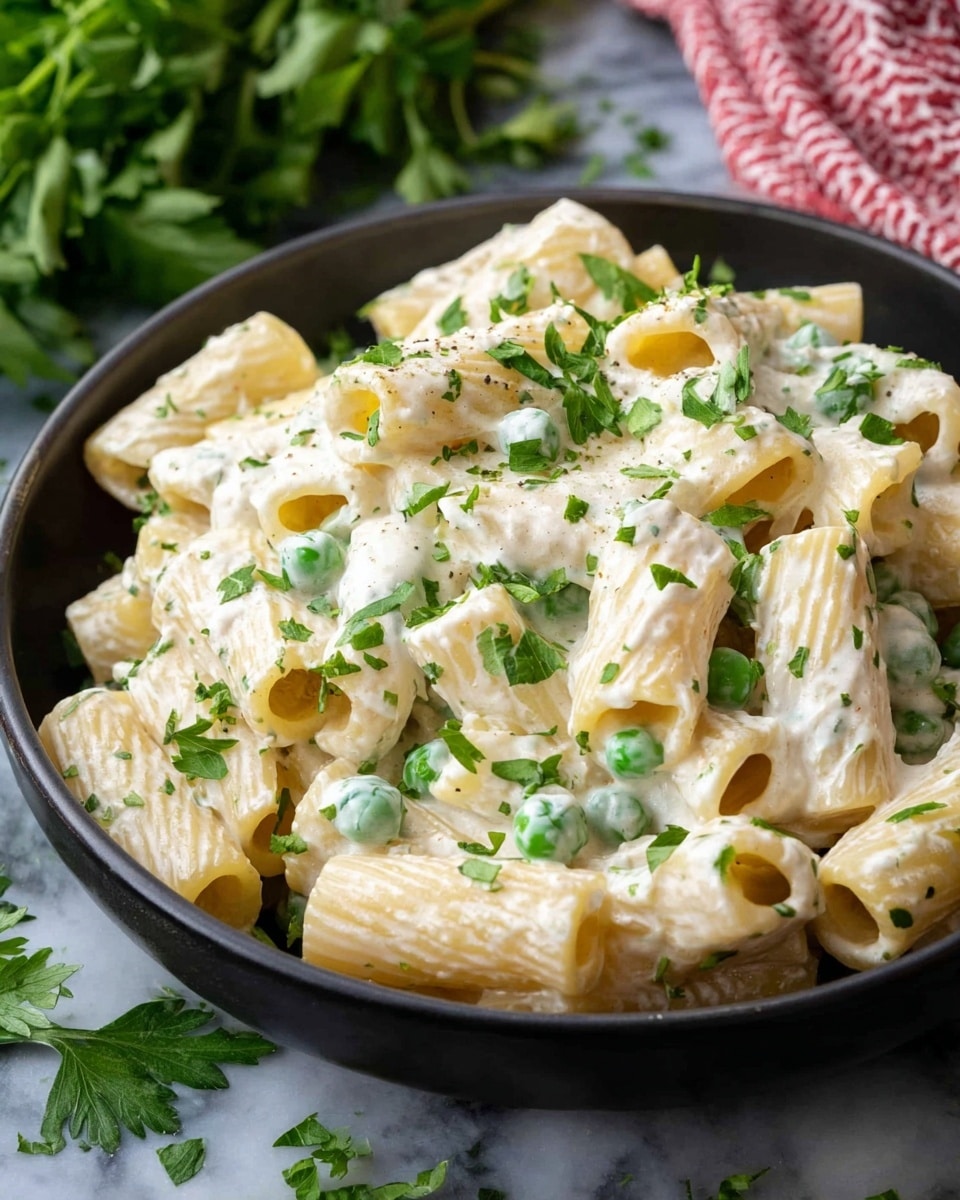 A close-up view of a black bowl filled with rigatoni pasta coated in a creamy white sauce with visible small pieces of green peas and chopped fresh parsley sprinkled on top. The pasta tubes are thick and textured with ridges, some showing hollow centers. The bowl is placed on a white marbled surface with scattered parsley leaves and green herbs in the background, giving a fresh and vibrant look. A red and white cloth is slightly visible behind the bowl, adding a touch of color contrast. Photo taken with an iphone --ar 4:5 --v 7