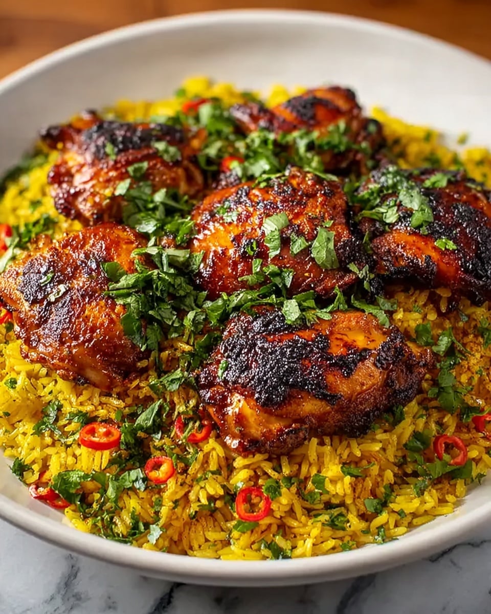 A white shallow bowl holds a bed of bright yellow rice mixed with small pieces of red chili and green herbs, creating a colorful base. On top, there are four pieces of grilled chicken thighs with a golden-brown and slightly charred skin, each sprinkled with chopped fresh green parsley. The rice fills the bowl evenly, and the chicken pieces are arranged in a way that they slightly overlap each other in the center. The textures show the fluffy grains of rice contrasting with the crispy, glazed chicken skin. The bowl is placed on a wooden surface with a blurred background. photo taken with an iphone --ar 4:5 --v 7