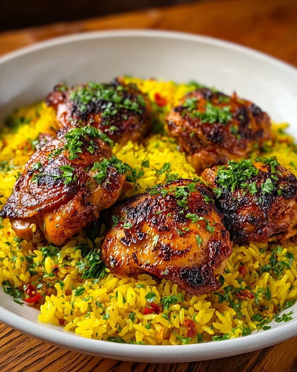 A large white plate filled with a base layer of yellow rice mixed with small red chili slices and sprinkled with chopped green herbs. On top, there are four pieces of grilled chicken thighs with a shiny, charred orange and brown skin, each piece topped with a small bunch of fresh green herbs. The dish sits on a surface with a white marbled texture. photo taken with an iphone --ar 4:5 --v 7