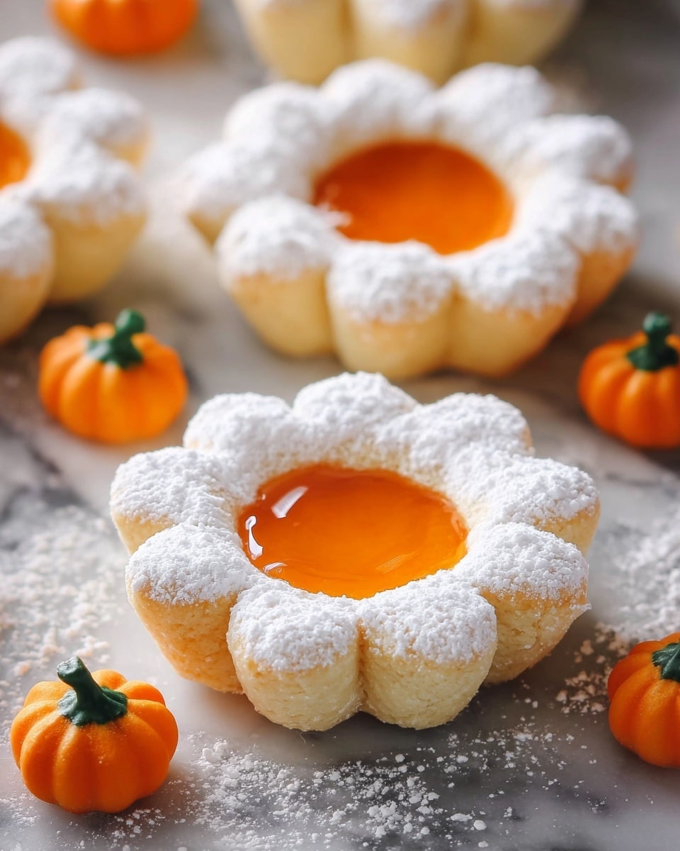 The image shows flower-shaped cookies with two layers: the outer layer is a white, soft dough dusted with powdered sugar shaped like petals, and the inner layer is a smooth, glossy orange filling in the center resembling the flower's core. The cookies are placed on a white marbled texture sprinkled lightly with powdered sugar. Around the cookies, there are small orange pumpkin-shaped decorations with green stems, adding a festive touch to the scene. photo taken with an iphone --ar 4:5 --v 7
