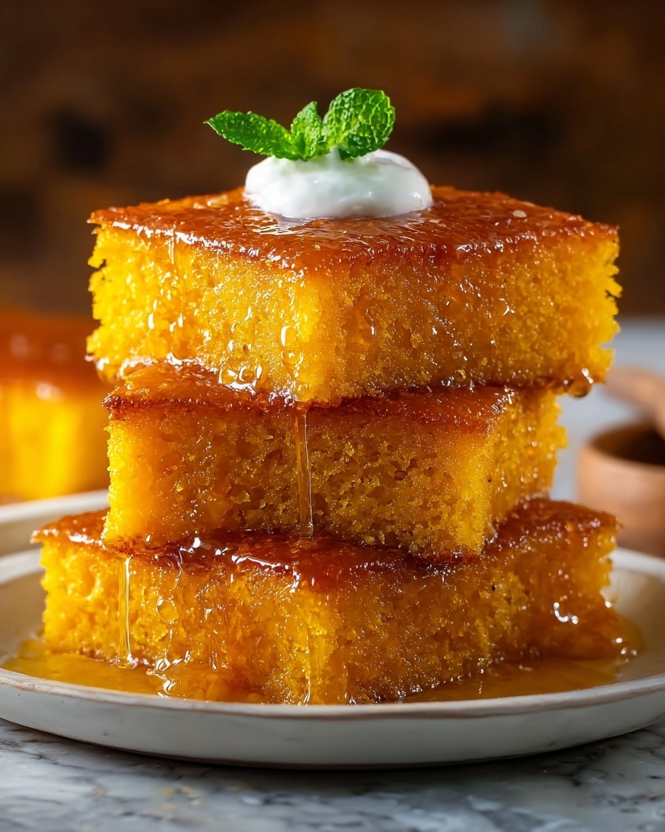 The dish shows four square pieces of golden brown cake stacked on a white plate, with three pieces forming the base layer and one piece resting on top in the middle. Each cake piece has a moist texture, dense crumb, and a shiny syrup glaze dripping down the sides, catching the light. The top cake piece is adorned with a small dollop of white cream and a fresh green mint leaf, adding a touch of color contrast against the rich golden tones. The setting features a white marbled texture background that softly blurs into the distance, helping the cake stand out clearly. photo taken with an iphone --ar 4:5 --v 7