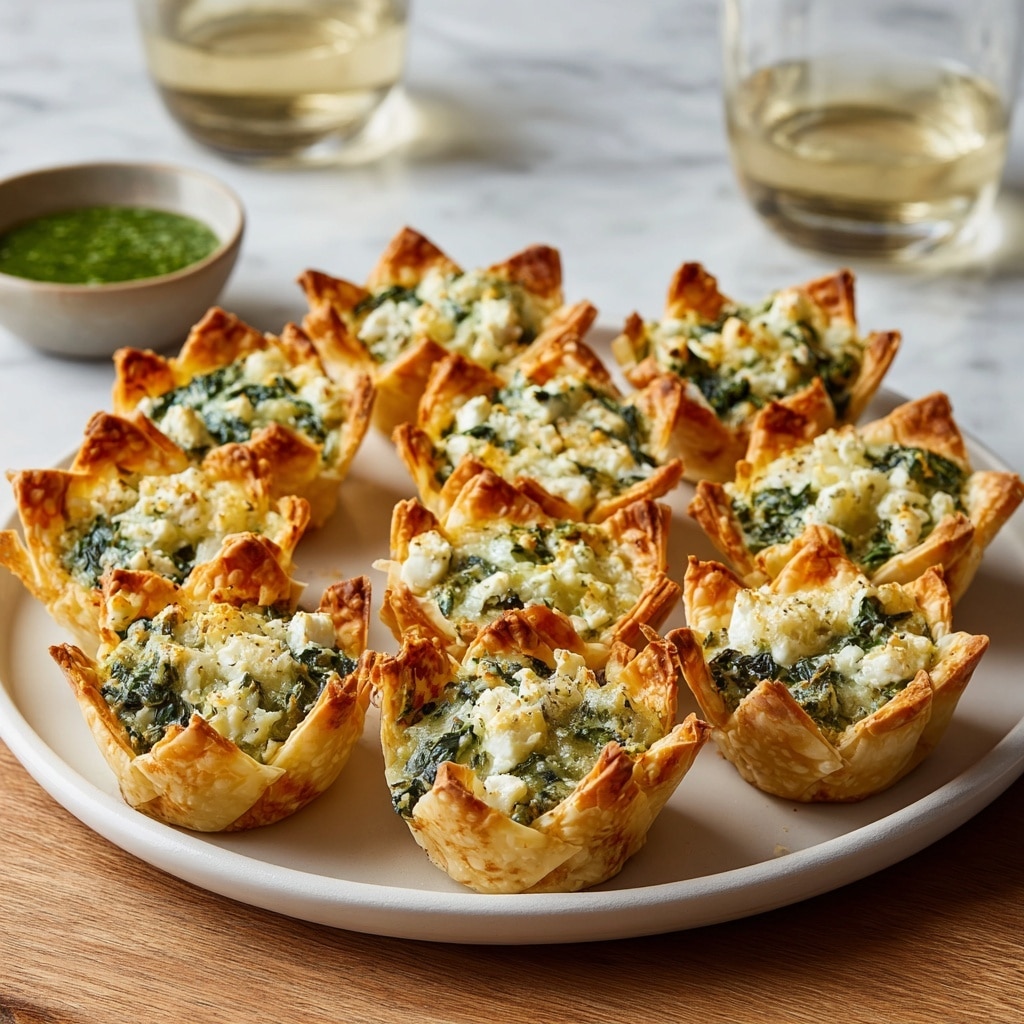 The image shows a white plate holding twelve spinach and cheese cups. Each cup is made of a golden-brown, crispy pastry shell with pointed edges that rise around a filling of green spinach mixed with white cheese, with some grated cheese on top. The cups are arranged neatly in rows on the plate, which sits on a white marbled surface. In the background, there are two clear glasses filled with water, slightly out of focus. The lighting is bright and natural, highlighting the textures and colors of the dish. photo taken with an iphone --ar 4:5 --v 7
