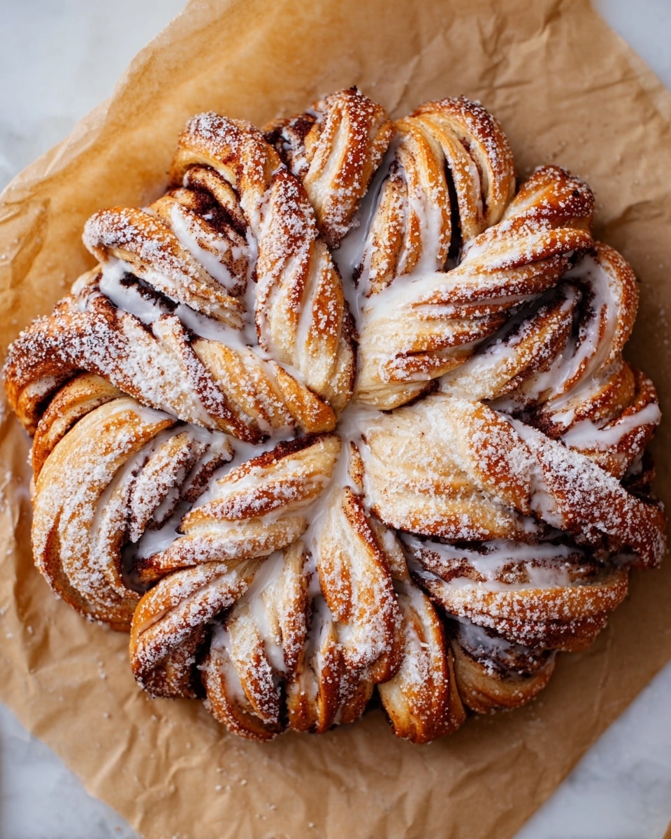 A round cinnamon pastry star with multiple twisted layers arranged in a circle. Each layer shows a golden-brown crust with dark brown cinnamon filling inside, twisted and folded to create a petal-like shape. The top of each layer is drizzled with white glaze, and the entire pastry is dusted with powdered sugar. The pastry sits on brown parchment paper with a white marbled texture surface underneath. photo taken with an iphone --ar 4:5 --v 7