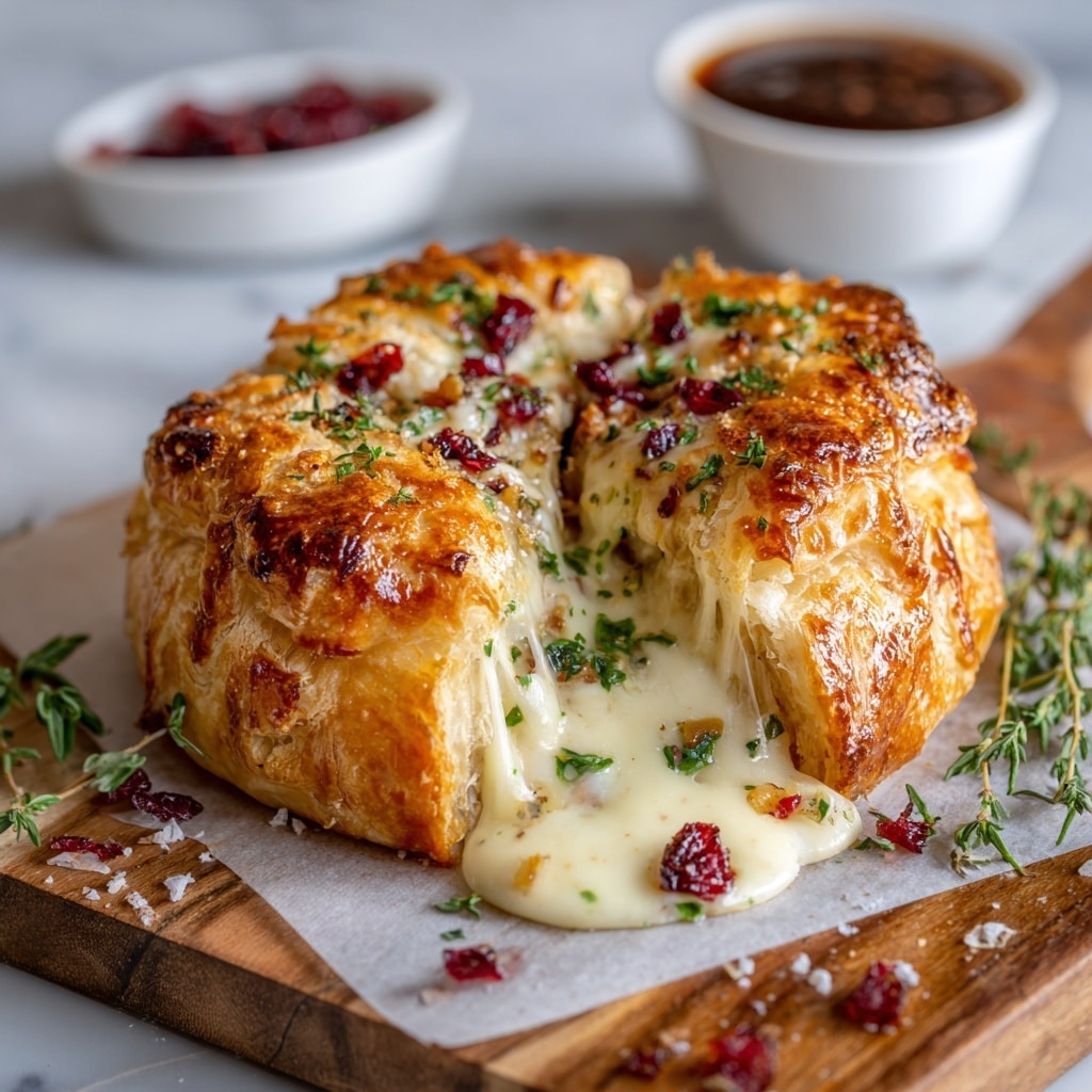 A round baked cheese wheel with a golden-brown crust, showing melted, gooey white cheese oozing from the middle. The top is sprinkled with green herbs and small bits of red seasoning, adding texture. The outer layer is scored with deep cuts, giving a pattern around the cheese. It is placed on a simple white plate, with a few sprigs of fresh rosemary beside it. In the background, slices of baguette bread are slightly blurred on a white marbled surface. photo taken with an iphone --ar 4:5 --v 7