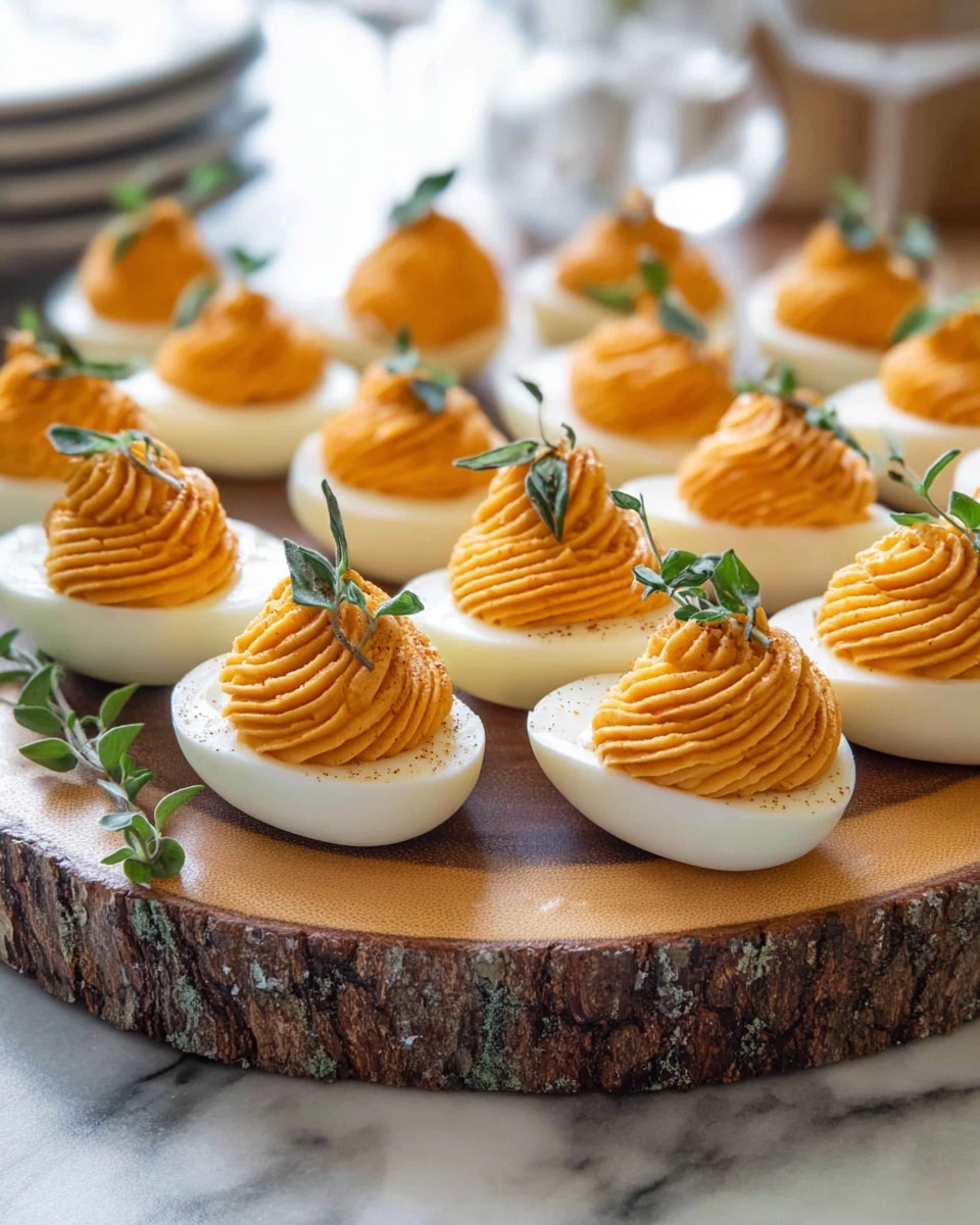 This image shows many deviled eggs arranged closely on a wooden board. Each egg is cut in half horizontally, creating a white, smooth egg white outer layer. The inside is filled with a swirled, rich orange filling that has a creamy and slightly textured appearance. On top of each orange filling swirls a small green herb, some with tiny leaves and others with a slightly fuzzy leaf, adding a fresh touch. The eggs are all neat and uniform, with the filling sitting high above the egg white base. The wooden board has visible cracks and grain, contrasting with the smooth white egg surface. photo taken with an iphone --ar 4:5 --v 7