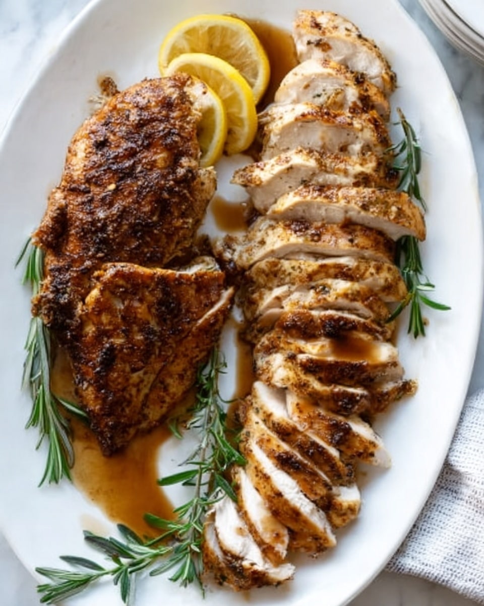 A white plate holds a large piece of roasted chicken with dark brown crispy skin on the left side, next to sliced chicken breast pieces layered in a light beige color with soft texture on the right side. The sliced chicken is covered with a shiny brown gravy. Two green rosemary sprigs are placed on the plate, one near the top left corner and one near the bottom right, with a lemon slice beside the roasted chicken near the top left. The plate rests on a white marbled surface photo taken with an iphone --ar 4:5 --v 7