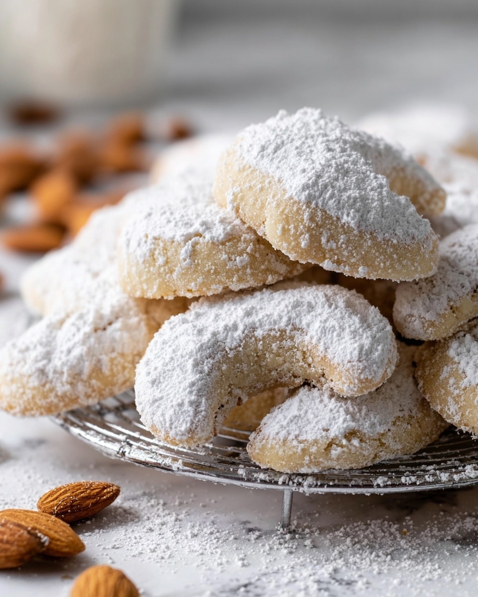 The image shows a pile of crescent-shaped cookies covered in a thick layer of white powdered sugar. The cookies are light golden-brown with a slightly crumbly texture. They are stacked closely on a round wire cooling rack, with whole almonds scattered in the background. The surface beneath the rack is a white marbled texture. The cookies look soft and delicate, with the powdered sugar giving them a snowy, powdery finish. photo taken with an iphone --ar 4:5 --v 7