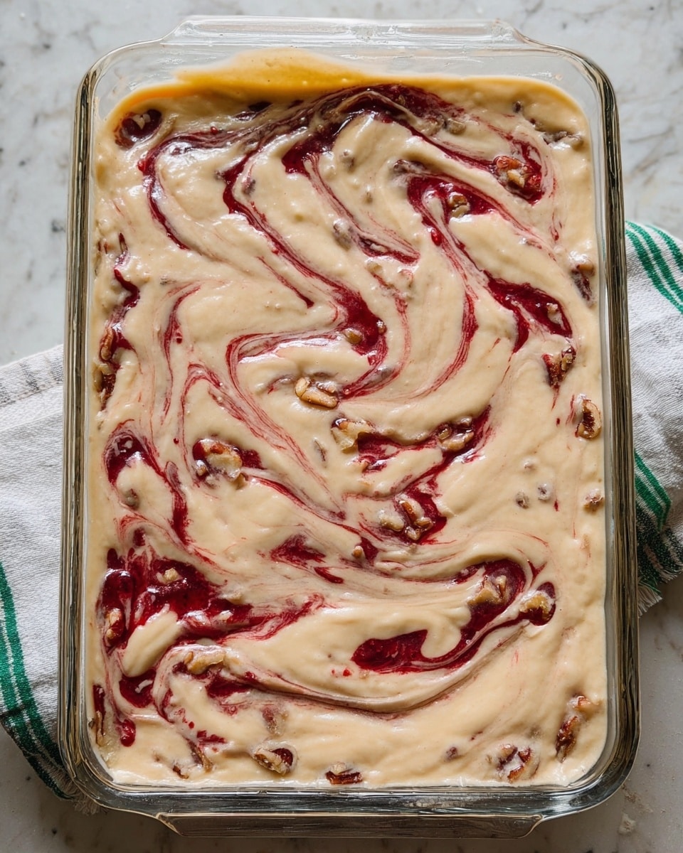 The image shows a clear rectangular glass dish filled with a creamy beige batter that has swirls of red jam mixed throughout, creating a marbled effect. The top layer is smooth with glossy, syrupy streaks of jam curling and blending into the thick batter, giving a textured and slightly shiny look. Bits of chopped nuts are visible along the edges under the batter, adding a crunchy detail to the base layer. The dish rests on a white marbled surface with a green and white striped cloth partially visible beside it. Photo taken with an iphone --ar 4:5 --v 7