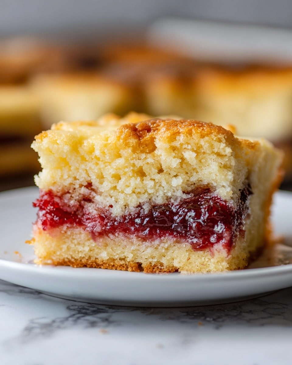 The image shows a close-up of a square piece of cake on a white plate. The cake has three layers: the bottom layer is a dark golden crust with a slightly crumbly texture; the middle layer is a thick, deep red fruit filling that looks moist and glossy; the top layer is a thick, light golden sponge cake with a soft and airy texture, showing small holes and a slightly browned surface. The cake is placed on a white marbled surface with a blurred background, focusing on the rich, soft texture of the slice. Photo taken with an iphone --ar 4:5 --v 7