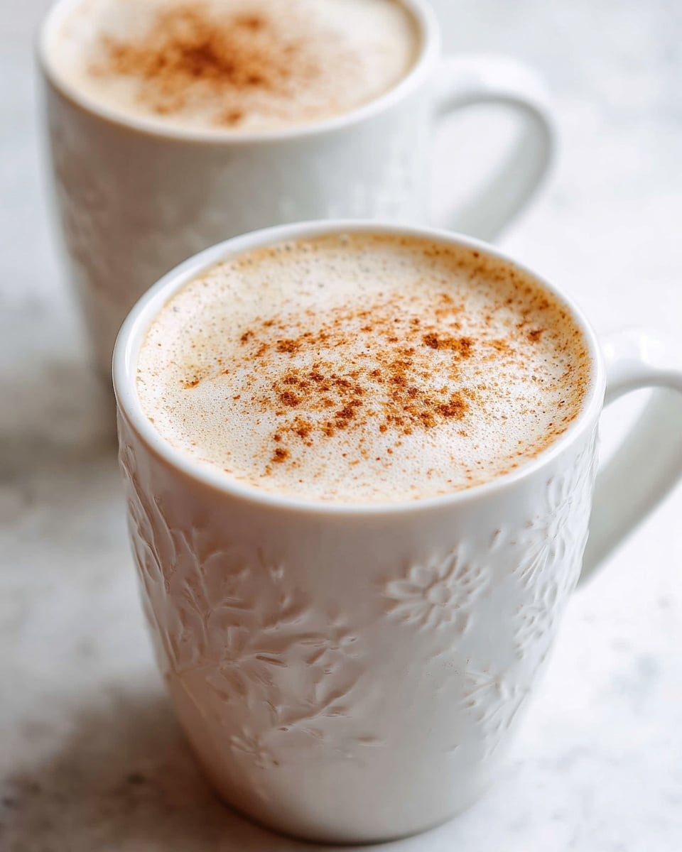 Two white ceramic mugs are filled to the top with light creamy beige frothy liquid. The foam on top is airy with small bubbles and is sprinkled with a light dusting of brown cinnamon powder. The mugs have gentle floral patterns embossed on the outside and are placed on a white marbled texture surface. The front mug is fully visible while the second mug is slightly blurred in the background. photo taken with an iphone --ar 4:5 --v 7