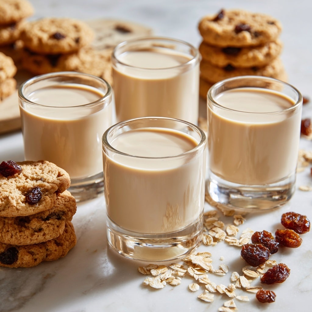 Four small clear glasses filled with a smooth light brown creamy drink are arranged closely on a white marbled surface. Surrounding the glasses are several oat and raisin cookies, one with a bite taken out of it, showing its crumbly texture with visible oats and raisins inside. Scattered oats and dark raisins add a natural touch around the glasses and cookies. In the background, a tall stack of similar cookies is slightly blurred, emphasizing the focus on the drinks and the cookies in the foreground. The overall setting is bright and clean, with a cozy feeling. photo taken with an iphone --ar 4:5 --v 7