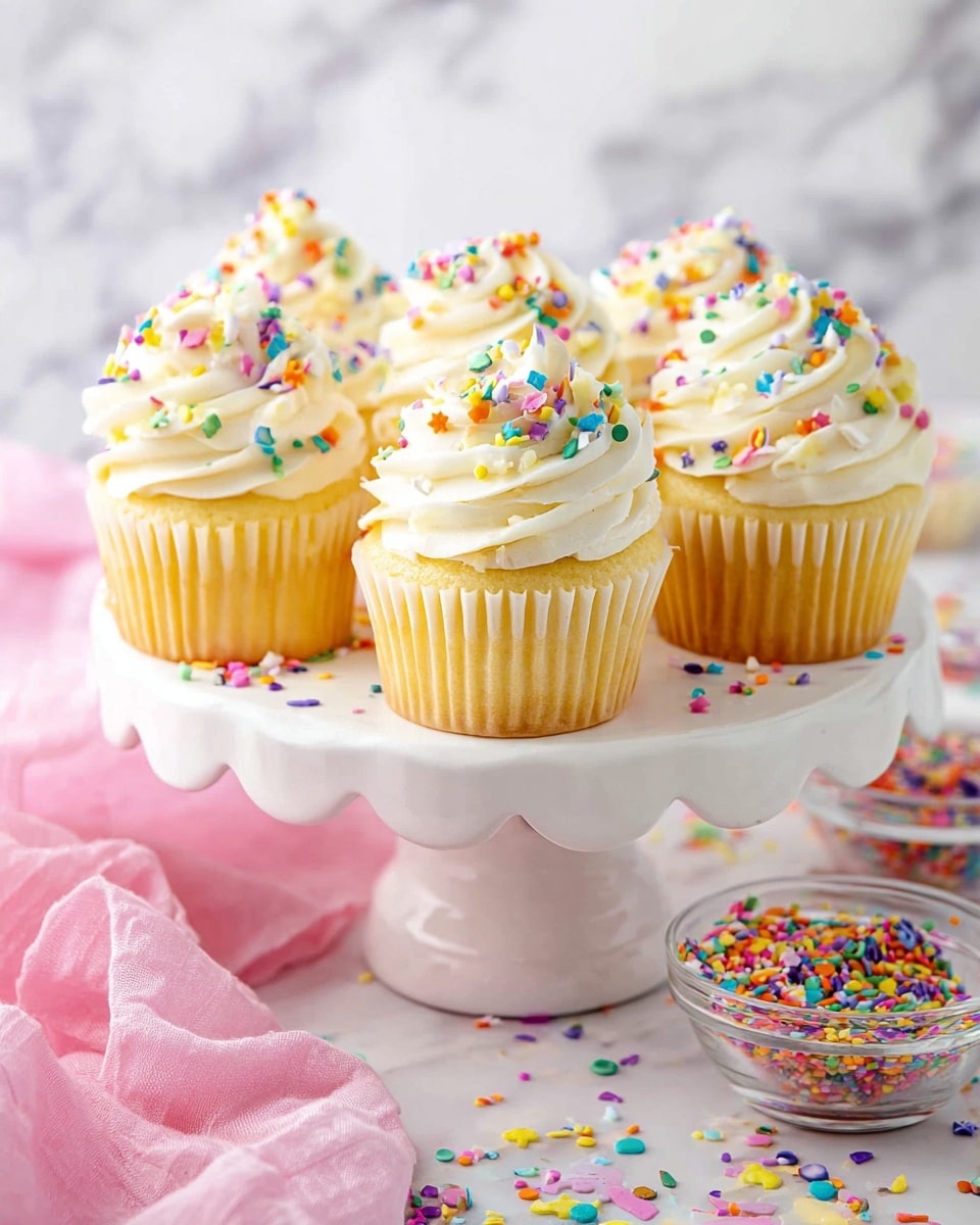 The image shows five vanilla cupcakes with three layers: the bottom layer is a light yellow cupcake base, the middle layer is a smooth swirl of white frosting, and the top layer is colorful round and star-shaped sprinkles scattered all over the frosting. The cupcakes are arranged close together on a white cake stand with a wavy edge and a thick base, placed on a white marbled surface with scattered sprinkles and a folded pink cloth beside it. In the background, there is a small clear bowl filled with more colorful sprinkles. photo taken with an iphone --ar 4:5 --v 7