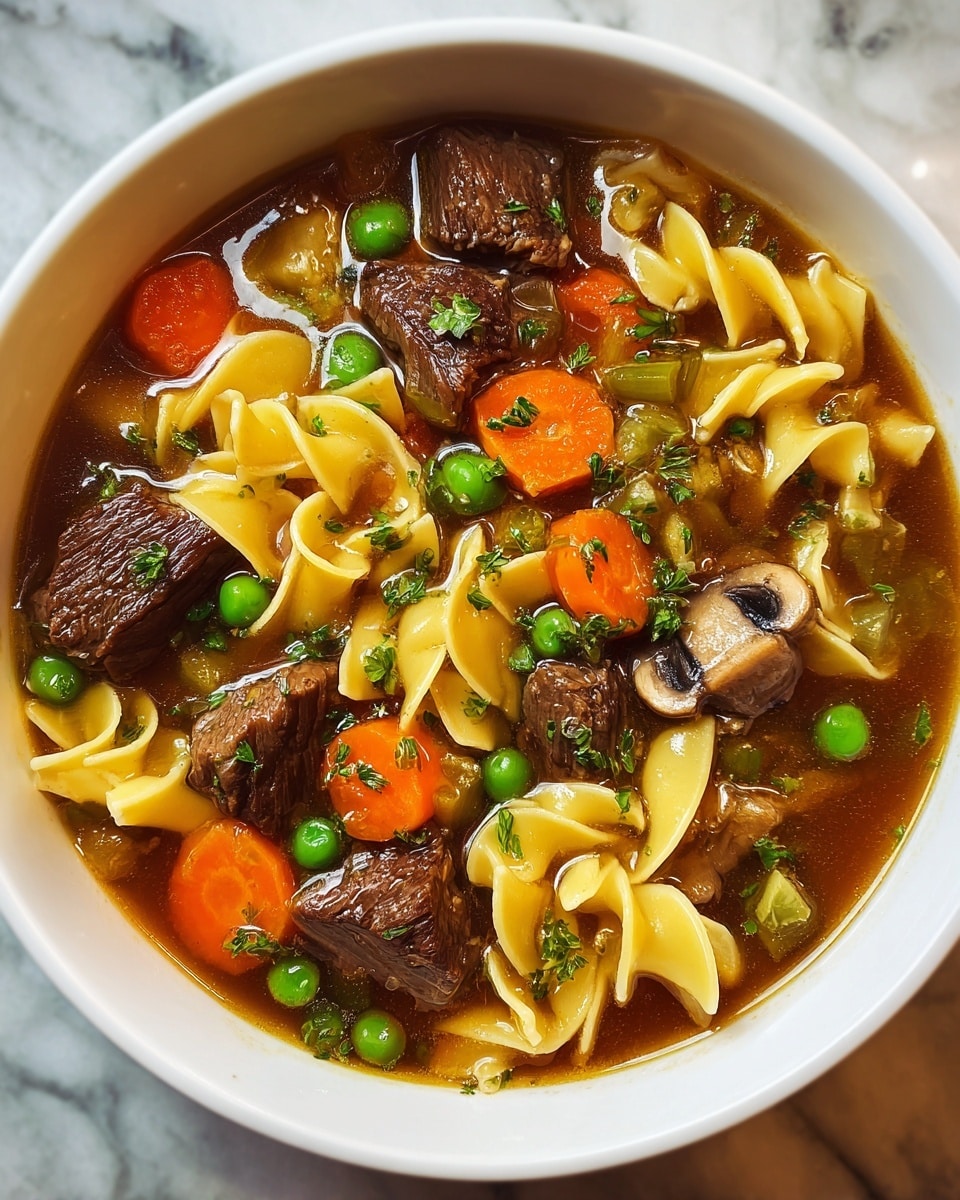 A close-up top view of a white bowl filled with beef stew soup, showing many ingredients in clear broth. The soup has several layers: at the bottom, there are soft golden-yellow curly egg noodles in twisted shapes; scattered throughout are large, juicy cubes of dark brown beef; bright green peas sit next to tender orange carrot slices; there are also thick pieces of light green celery and sliced brown mushrooms with white interiors. The dish is sprinkled with finely chopped green herbs on top. The bowl rests on a white marbled surface. Photo taken with an iphone --ar 4:5 --v 7