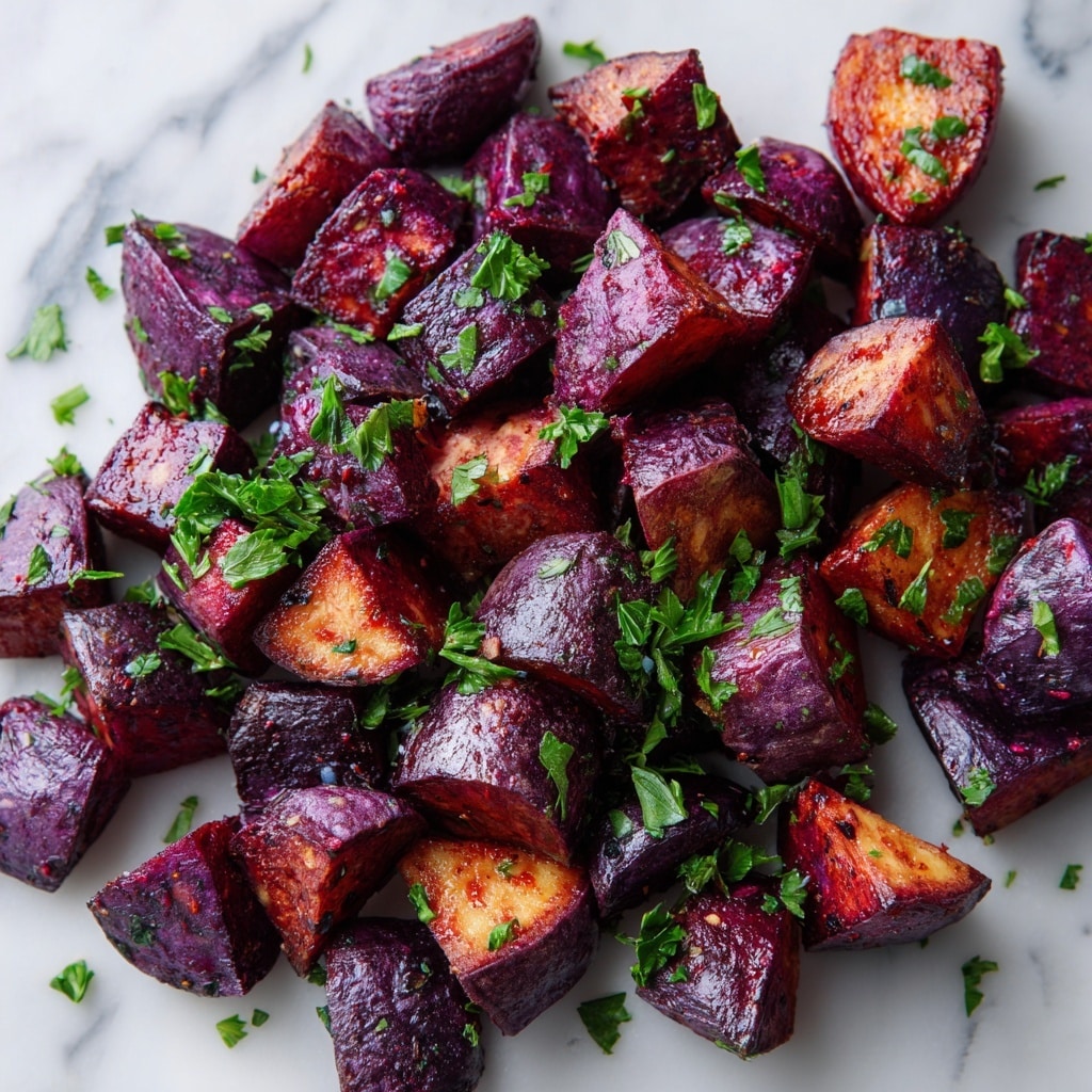 The image shows many pieces of roasted purple sweet potatoes cut into small cubes and chunks with crispy edges and soft texture inside. The outer skin is a rich purple-brown color, while the inside is a vibrant purple with a slightly rough texture. Small green herb leaves are scattered on top, adding a fresh contrast to the deep purple tones. The pieces are closely packed together, covering the whole white marbled surface beneath. Photo taken with an iphone --ar 4:5 --v 7