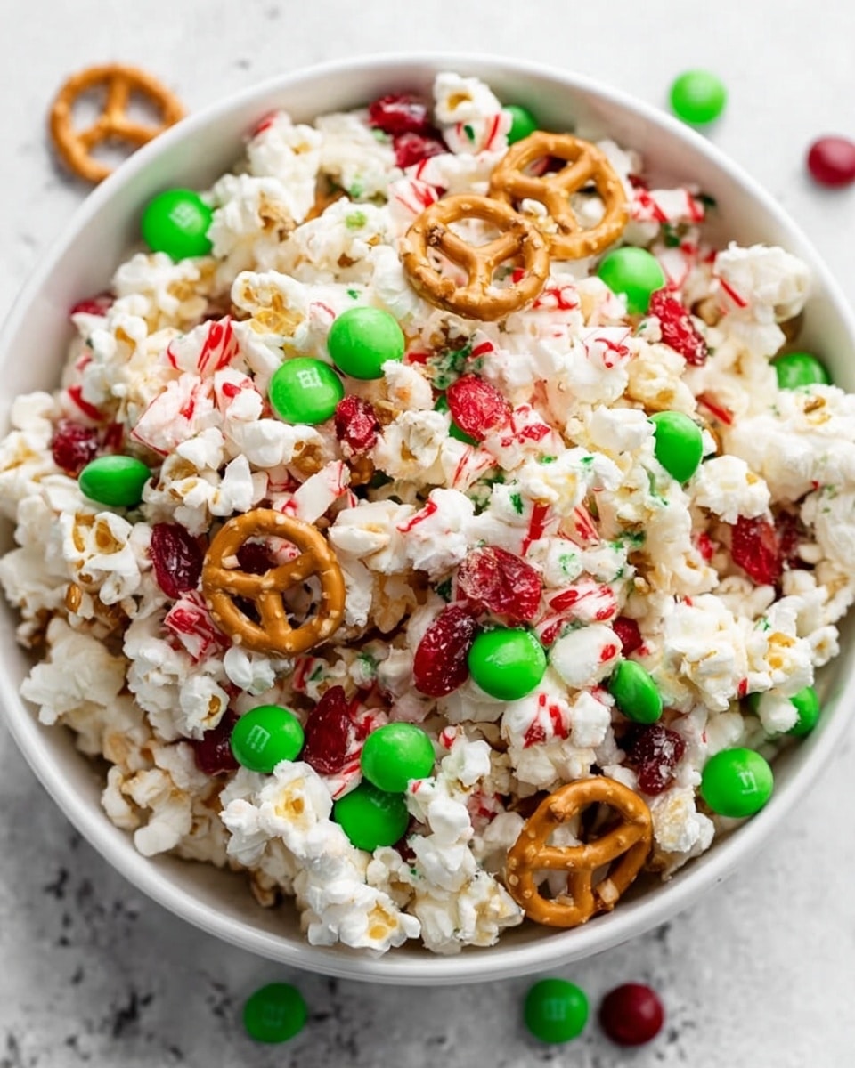 A white bowl filled with a colorful snack mix sitting on a white marbled surface. The mix has layers of white popcorn, red and white candy pieces, bright green round candies, and a few golden-brown pretzels scattered on top. The popcorn looks fluffy and slightly shiny with some candy crumbs on it. The pretzels add a crunchy texture with their twisted shapes resting near the top layer, while the green candies stand out due to their smooth, round forms evenly spread throughout the bowl. Photo taken with an iphone --ar 4:5 --v 7