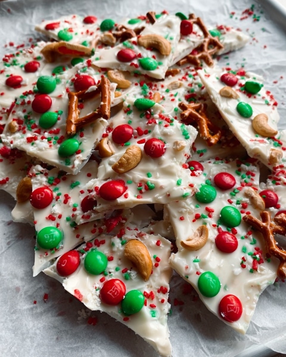 A stack of irregular white chocolate bark pieces is piled on a white plate, each bark piece showing a creamy pale beige base layered with red and green candy pieces and small round white sprinkles scattered on top, giving a festive holiday look. The bark pieces have a smooth shiny texture with rough, broken edges, and they are stacked unevenly with some overlapping others. The plate sits on a white marbled surface, adding a clean and bright background to the colorful treat. Photo taken with an iphone --ar 4:5 --v 7