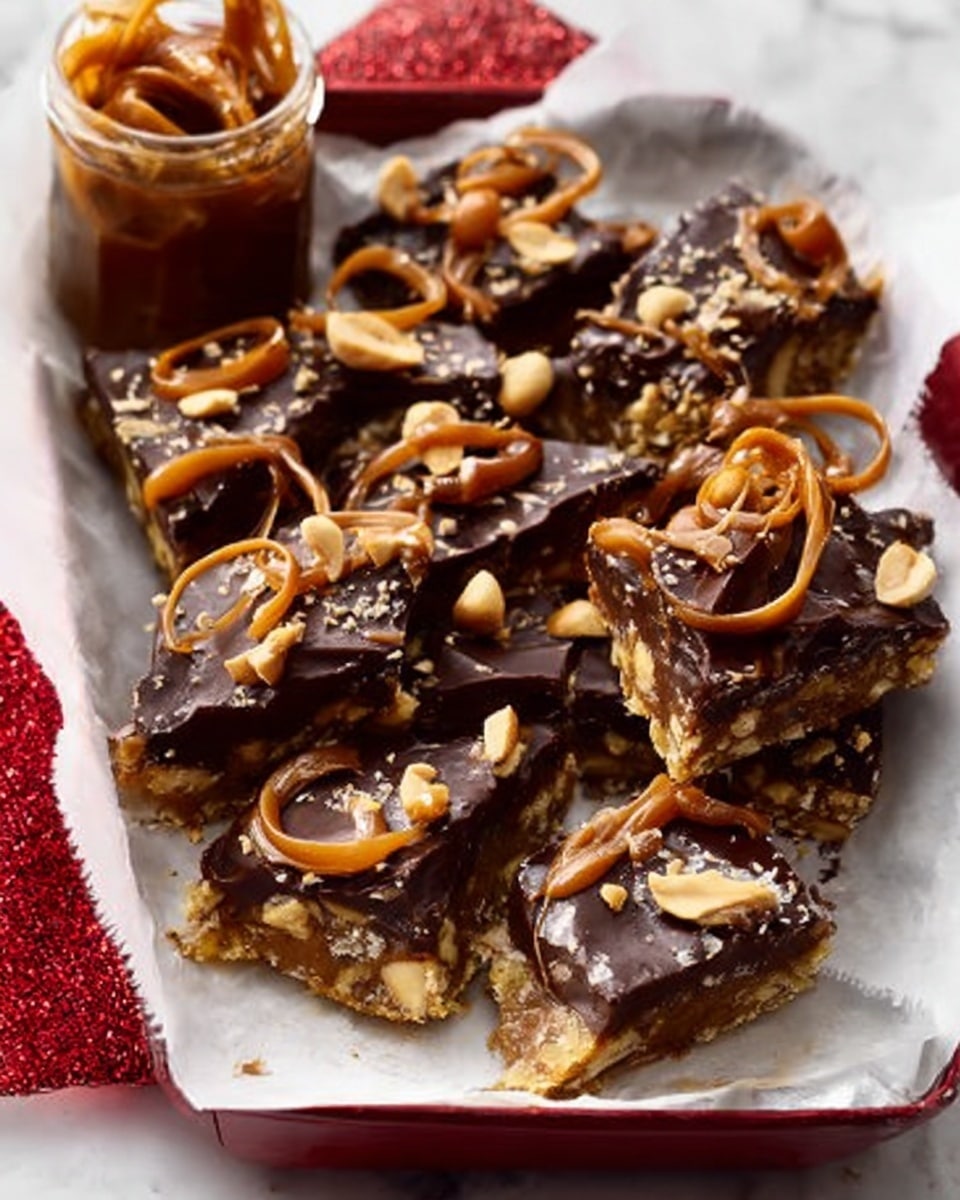 A white rectangular tray lined with white parchment paper holds several pieces of rich, dark chocolate bark topped with whole and chopped peanuts scattered unevenly across the top. The chocolate has a smooth, glossy texture with some areas showing a thicker layer, and peanut pieces are embedded within the chocolate. Some pieces have ribbon-like caramel strands draped over them, adding a light golden brown contrast to the dark chocolate. The tray is placed on a white marbled surface, and a woman's hand is reaching from the left side toward the tray, holding a piece of the chocolate bark. Photo taken with an iphone --ar 4:5 --v 7