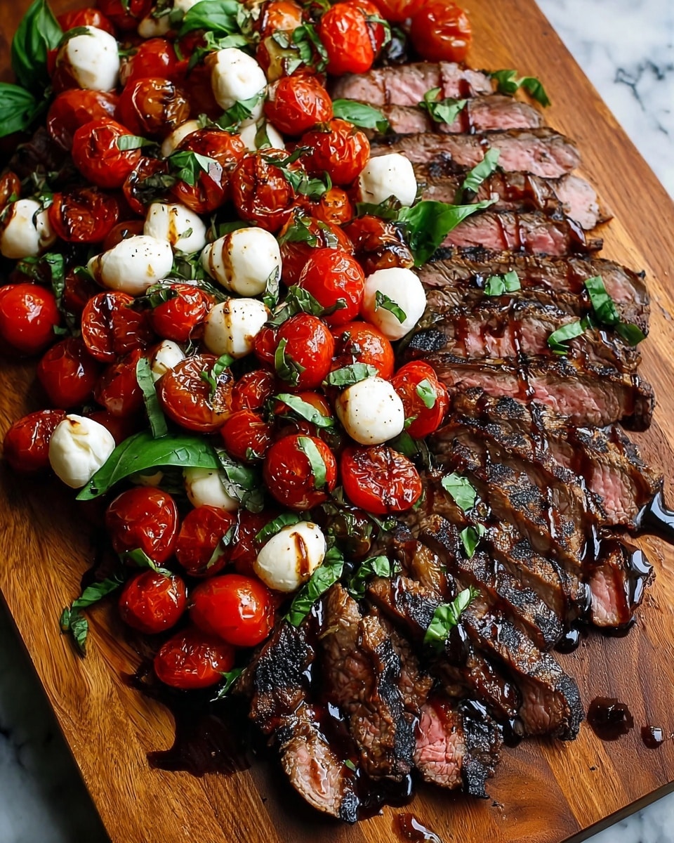 A wooden cutting board holds a layer of grilled, sliced steak with charred grill marks, showing a pinkish interior and dark brown edges. On top, there is a mix of bright red roasted cherry tomatoes and white mozzarella balls, drizzled with a dark balsamic glaze. Fresh green basil pieces are scattered over the tomatoes and cheese, adding a fresh touch. Some balsamic glaze dots are also around the steak on the wooden surface. The background has some green basil leaves visible at the top right corner. photo taken with an iphone --ar 4:5 --v 7