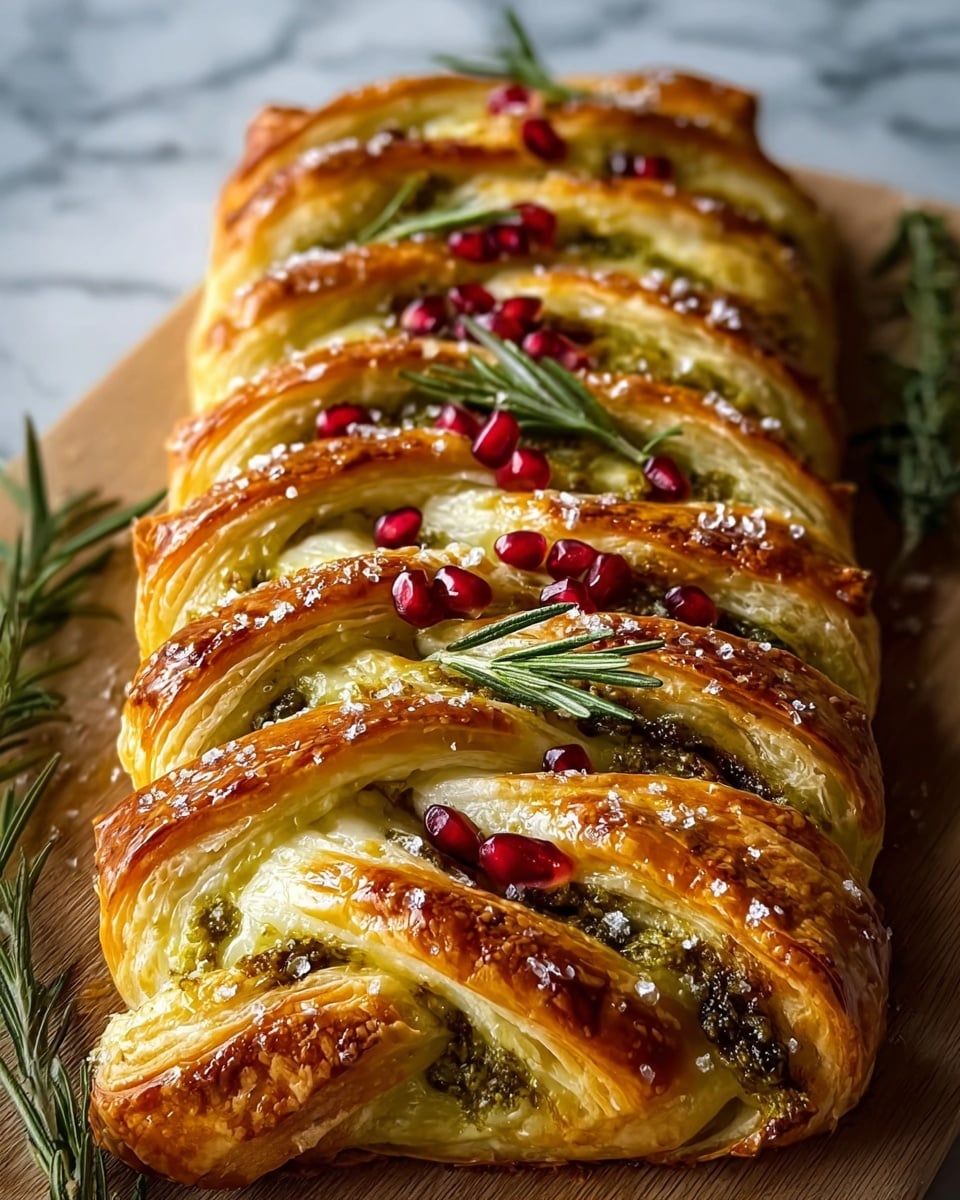 The image shows a braided pastry made of golden-brown, flaky layers of dough that are shiny and crisp on top. Inside the braid, there is a rich green pesto layer with a rough, slightly chunky texture, mixed with melted white cheese that is gooey and creamy. The pastry is decorated with small bright red pomegranate seeds and a few sprigs of fresh rosemary, adding a pop of color and green to the dish. The pastry rests on a wooden board, which contrasts with the food’s colors, and the photo is close-up, showing the detailed layers and textures of the pastry and its filling. photo taken with an iphone --ar 4:5 --v 7