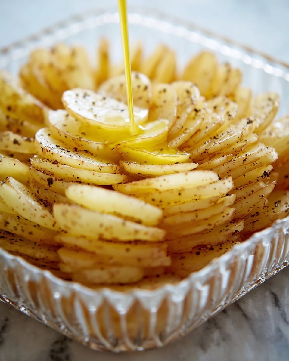 A close-up view of a creamy potato gratin dish served on a white plate, showing multiple layers of thin, round potato slices covered in a golden, bubbly cheese sauce with a slightly crispy top. The cheese sauce appears smooth and rich, oozing softly around the potatoes, with small specks of herbs lightly sprinkled on the surface. The texture shows a mix of soft potato layers beneath a slightly browned, melted cheese crust. A silver fork is placed beside the dish on the plate, all set against a white marbled surface. photo taken with an iphone --ar 4:5 --v 7