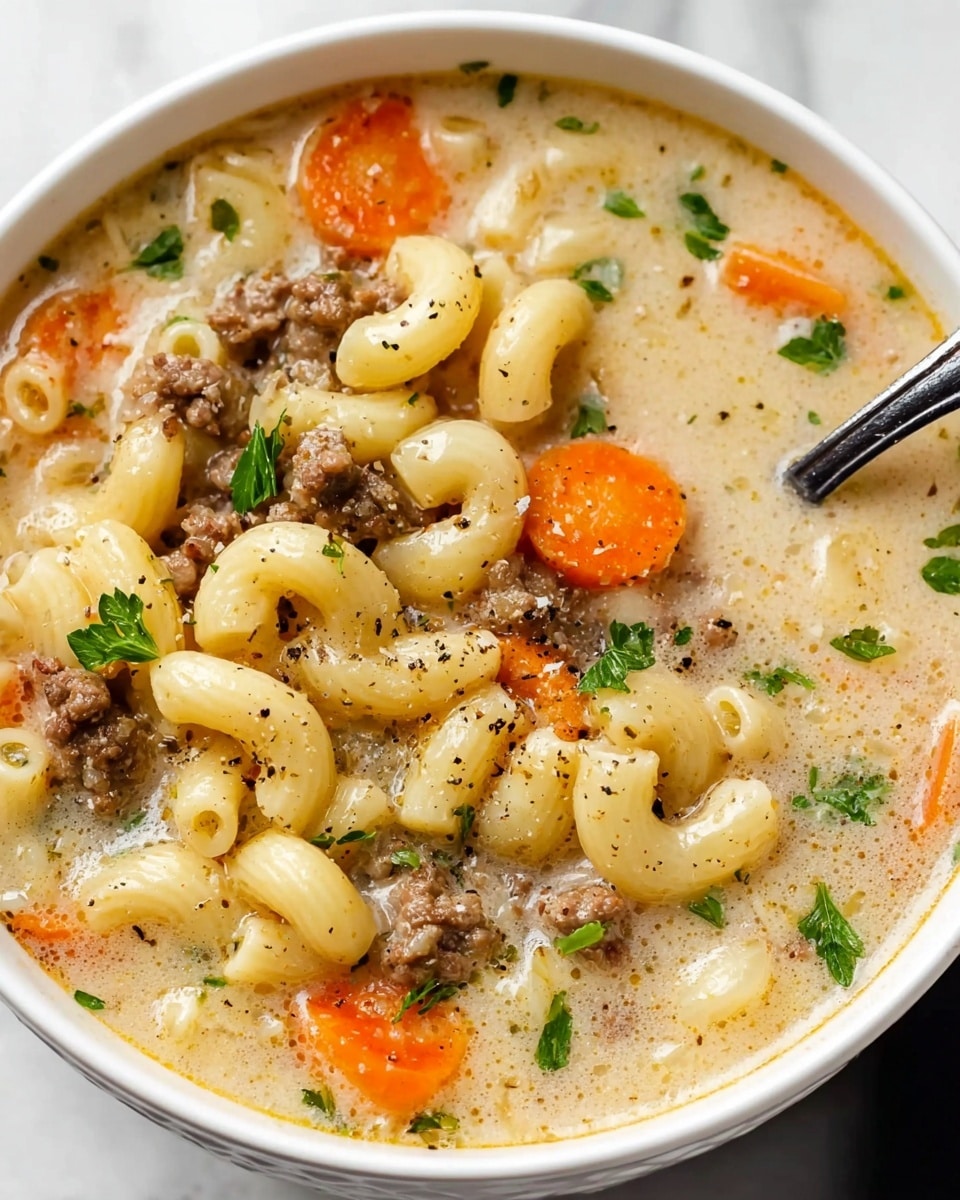 A close-up view of a white bowl filled with macaroni soup showing three main layers: at the bottom is a creamy, light beige broth soaked with tiny herbs; above that are soft, pale yellow elbow macaroni pieces filling the bowl, mixed with round orange carrot slices and brown, crumbled cooked ground meat; small green parsley leaves float on top, and there are black pepper specks scattered across the surface. A silver spoon is partially placed inside the bowl, all set on a white marbled surface. photo taken with an iphone --ar 4:5 --v 7
