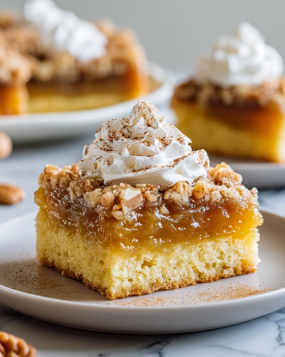 A square slice of dessert with three layers sits on a white plate. The bottom layer is a light golden, crumbly cake base. The middle layer is a translucent, amber-colored jam or fruit filling that looks sticky and sweet. The top layer is a crumbly, darker golden crust with some chopped nuts scattered on it. On top sits a dollop of white whipped cream with a light dusting of cinnamon powder. In the background, there is a blurred larger piece of the same dessert on a white plate, all set on a white marbled surface. photo taken with an iphone --ar 4:5 --v 7