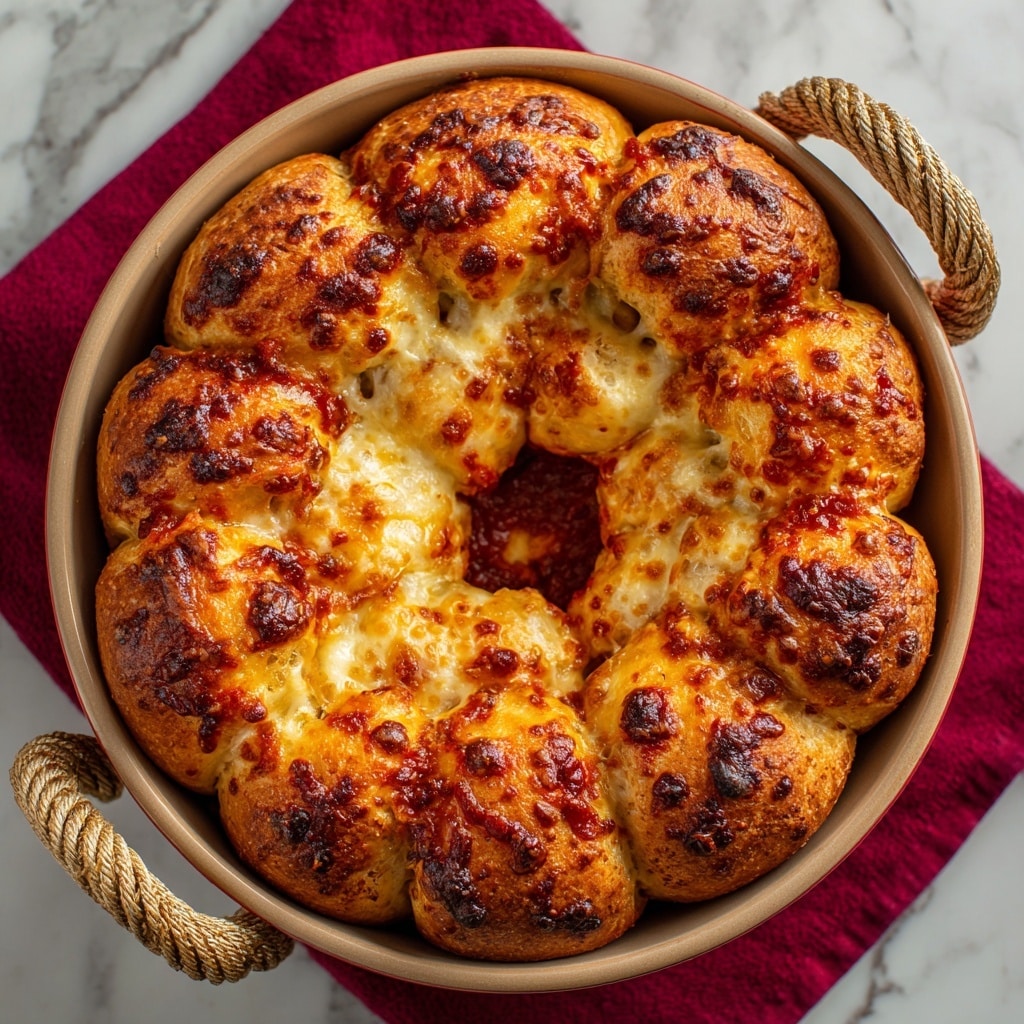 A round bundt pan holds a single layer of golden brown pull-apart dough pieces, each topped unevenly with melted cheese and deep red dollops of sauce. The dough looks soft and slightly puffy, with some darker toasted edges. The sauce spreads irregularly across the cheesy surface, creating a contrast of red and creamy yellow. The pan sits on top of a folded dark red cloth on a white marbled surface, showing some glossy melted cheese pooling around the edges. Photo taken with an iphone --ar 4:5 --v 7