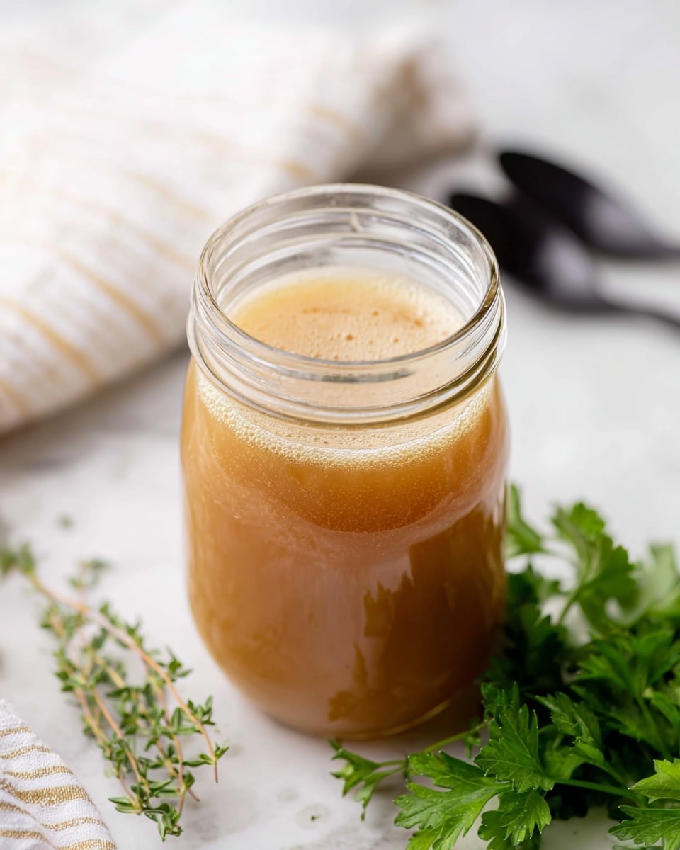A clear glass jar filled with a light brown, smooth liquid broth, showing subtle frothy bubbles on top; the jar sits on a white marbled surface with fresh green parsley leaves to the right and a small sprig of thyme laid horizontally in front of it; in the softly blurred background, there is a white cloth and black cutlery resting on a wooden cutting board. photo taken with an iphone --ar 4:5 --v 7