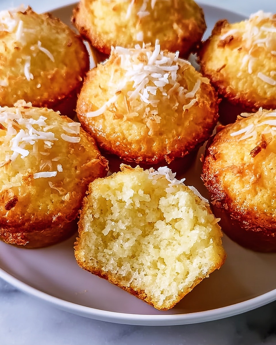 A white plate holds several golden brown coconut muffins arranged close together, each topped with thin white shredded coconut pieces. One muffin is broken in half at the front, showing a soft, moist, and light yellow inside with a slightly crumbly texture. The muffins have a lightly browned, slightly crispy top and smooth sides, with toasted coconut flakes scattered across their surface. The plate is set against a white marbled texture background, creating a clean and bright look. photo taken with an iphone --ar 4:5 --v 7