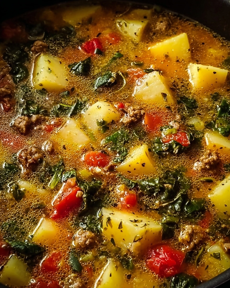 A close-up view of a hearty soup in a black pot, showing chunky layers of soft yellow potato pieces, bright red tomato chunks, and dark green leafy vegetables, mixed with small crumbles of brown ground meat. The soup broth is light golden with visible herbs and spices, giving it a slightly oily and textured look. The mix floats evenly throughout the pot, showing a rich and warm comfort food feel. The photo taken with an iphone --ar 4:5 --v 7