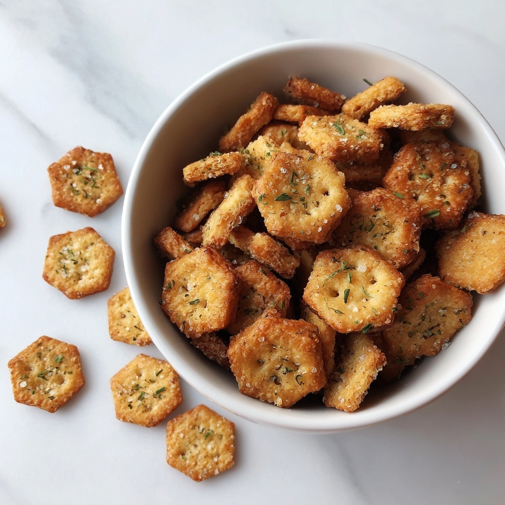 A white bowl filled with many small, golden-brown hexagon and round crackers. The crackers have a rough, slightly crunchy texture with a light dusting of seasoning that looks like tiny green herbs and salt. The bowl sits on a white marbled surface. Some crackers are spilled next to the bowl. Photo taken with an iphone --ar 4:5 --v 7