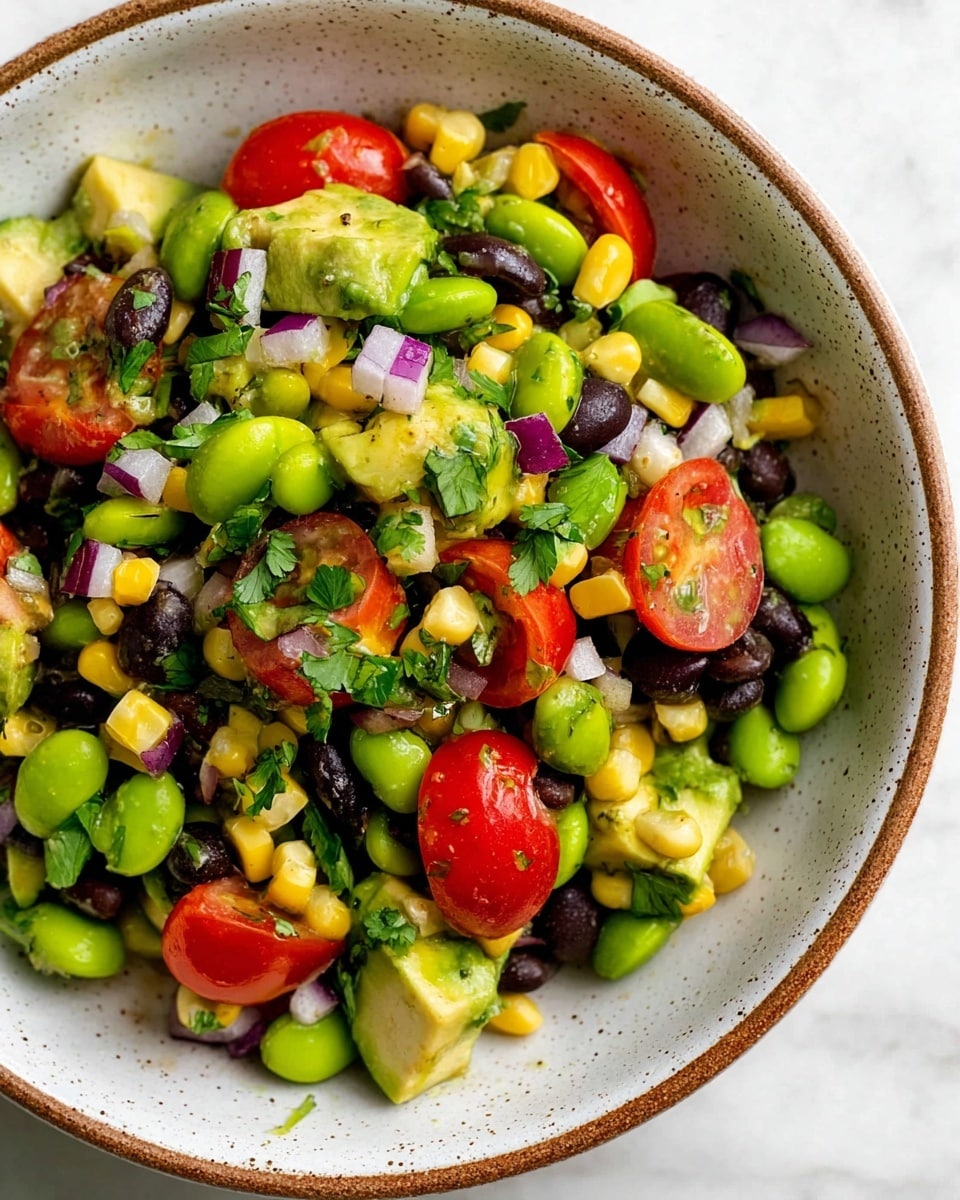 A clear glass bowl filled with a colorful salad containing multiple layers of ingredients including bright green edamame beans, yellow corn kernels, black beans, halved red cherry tomatoes, diced green avocado pieces, finely chopped red onions, and small bits of chopped green herbs all mixed together with a wooden spoon placed on the right side inside the bowl, the bowl is set on a white marbled texture surface photo taken with an iphone --ar 4:5 --v 7