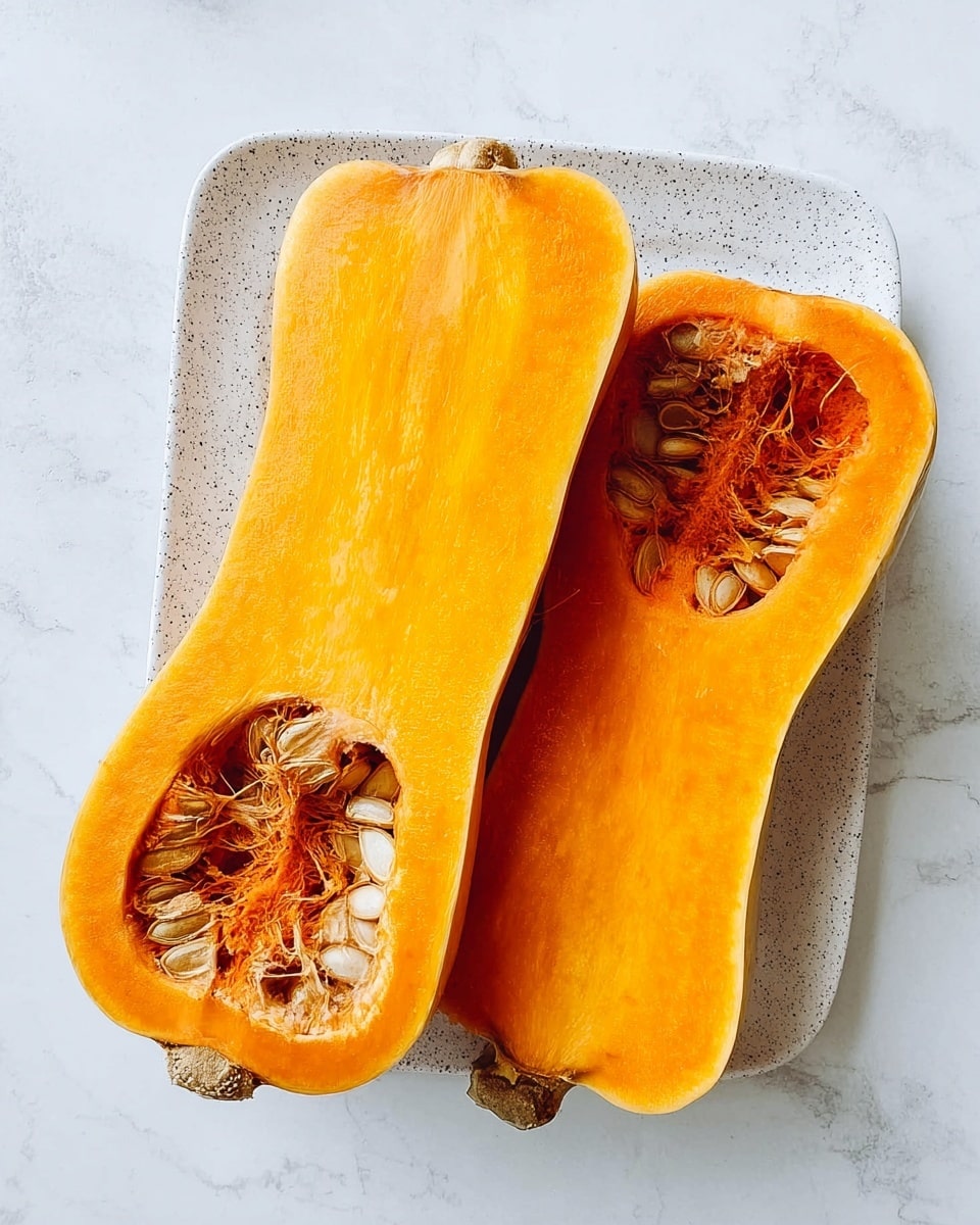 Two large halves of a bright orange butternut squash are placed side by side on a white speckled square plate. The inner flesh of the squash is smooth and shiny, with a dense orange color. Both halves show the seed cavities near the wider ends, filled with light brown seeds and fibrous strands. The outer skin is a dull yellowish-brown and slightly wrinkled, creating a rough texture around the edges. The plate sits on a white marbled surface. photo taken with an iphone --ar 4:5 --v 7
