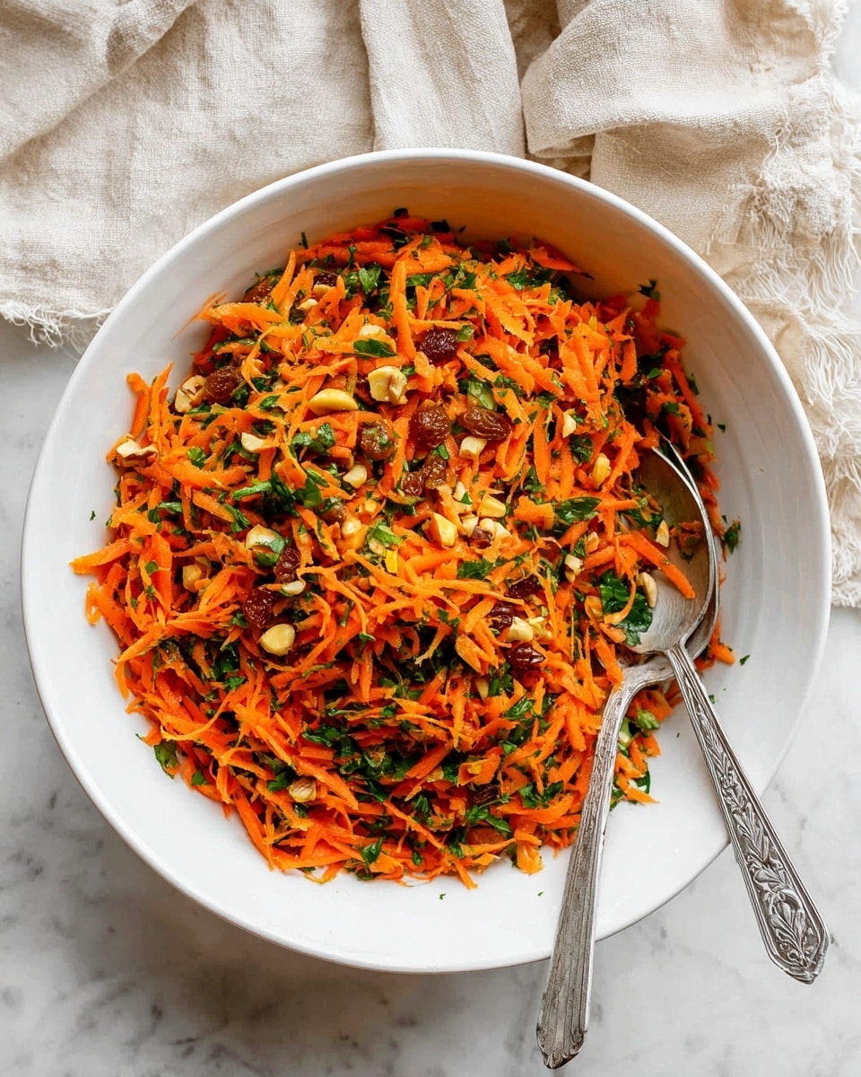 The image shows a white bowl filled with a colorful carrot salad that looks fresh and vibrant. The salad has a base of finely shredded bright orange carrots mixed with green herbs, light brown chopped nuts, and golden raisins scattered throughout. Two silver spoons rest inside the bowl, one with a patterned handle and the other plain. The bowl is placed on a white marbled surface, with a beige cloth partially seen on the top right and a crumpled white cloth on the left side. The overall look is fresh, healthy, and inviting. photo taken with an iphone --ar 4:5 --v 7
