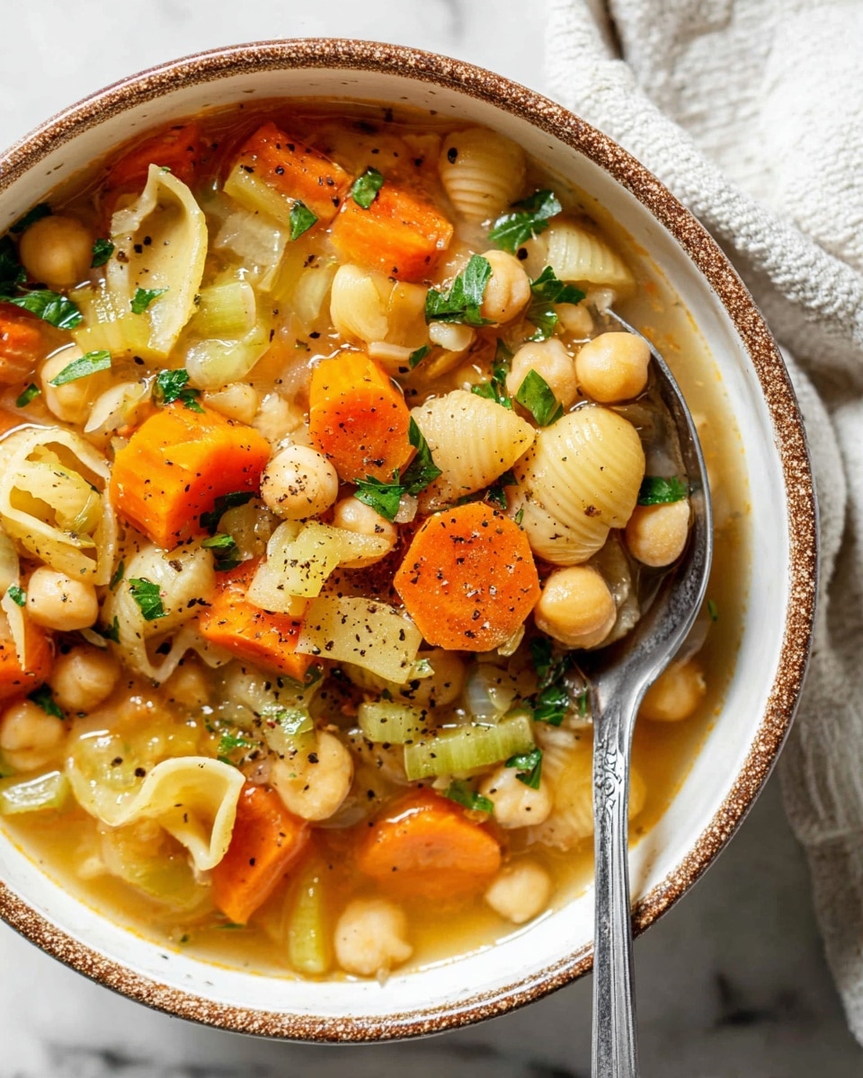 A bowl filled with a colorful soup featuring three main layers: the base is a clear, light yellow broth; the middle layer consists of large, firm chickpeas in a creamy beige color; the top layer contains vibrant, diced vegetables including bright orange carrots and green celery chunks, mixed with small shell pasta in pale yellow. The soup is lightly seasoned with visible black pepper specks and garnished with small bits of fresh green herbs. A silver spoon rests inside the bowl, scooping up a mix of chickpeas, pasta shells, and vegetables. The bowl is white with a brown rim, placed on a white marbled surface with a white cloth nearby. photo taken with an iphone --ar 4:5 --v 7