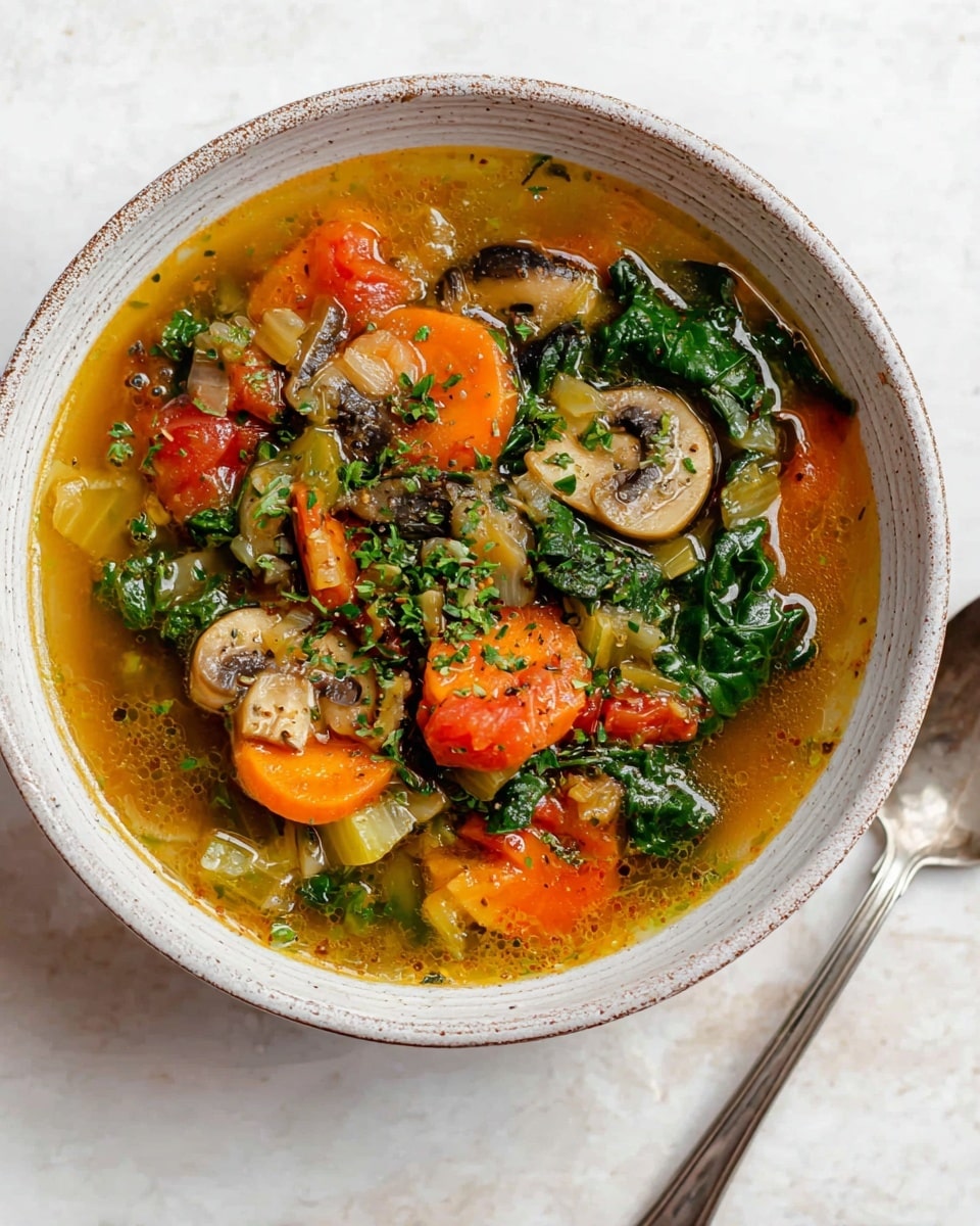A white bowl filled with vegetable soup sits on a white marbled surface, showing layers of bright orange carrot slices, light green celery pieces, red tomato chunks, and light brown mushroom slices in a clear, golden broth. Green leafy herbs are sprinkled on top, adding texture and color. A spoon lies beside the bowl on the surface. photo taken with an iphone --ar 4:5 --v 7