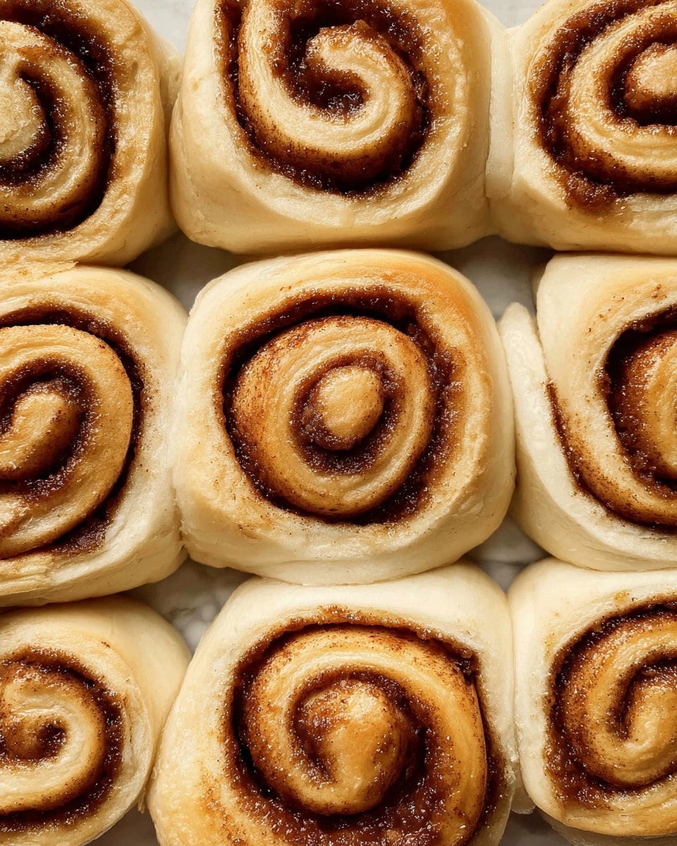 Nine golden brown cinnamon rolls are placed close together, filling the frame fully. Each roll has soft, light beige dough layered in spirals that wrap around a warm, dark brown cinnamon filling. The texture of the dough looks fluffy and slightly risen, while the cinnamon layers are smooth with a glossy, caramelized look. The rolls touch each other, creating slight creases where the dough meets. The background is a white marbled texture. photo taken with an iphone --ar 4:5 --v 7
