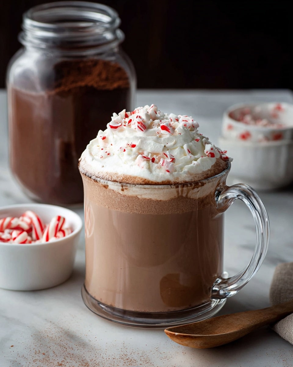 A clear glass mug filled with smooth, light brown hot chocolate sits on a white marbled surface. The drink has a slightly frothy texture on top with subtle swirls of darker cocoa. In the background, there is a white bowl filled with red and white striped peppermint candies, and a glass jar containing cocoa powder. The overall color tones include rich browns and bright reds contrasted against the white marbled texture. photo taken with an iphone --ar 4:5 --v 7