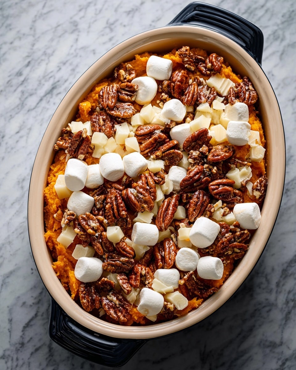 The dish shows a layered sweet potato casserole in an oval cream-colored pot with black handles. The bottom layer is a smooth and mashed sweet potato mix in a bright orange color filling the pot. On top, there are soft, white marshmallows scattered unevenly. Sprinkled all over the marshmallows are whole, glossy pecans with a rich brown color, creating a crunchy texture on the surface. Underneath some of the marshmallows and pecans, there are small cubes of pale yellow butter, adding a rich look. The background is a white marbled texture, making the dish stand out clearly. Photo taken with an iphone --ar 4:5 --v 7