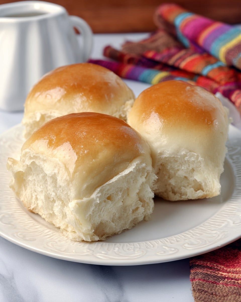 The image shows three soft, golden-brown bread rolls with shiny tops, placed close together on a white plate with a subtle textured design. The inside of the rolls looks fluffy and light with a pale beige color. The plate rests on a white marbled surface with a striped napkin underneath it. There is a white butter dish with a lid in the background on the right side. photo taken with an iphone --ar 4:5 --v 7