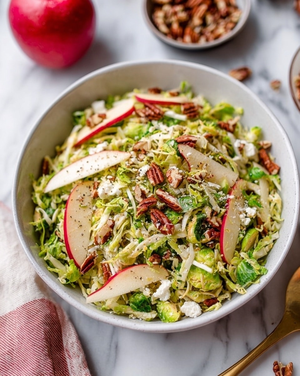 A large white bowl filled with a fresh salad showing layers of thinly sliced Brussels sprouts leaves, light green in color with some browned edges, mixed with long, thin pale yellow strips of apple with red skin, and scattered pieces of brown pecans adding texture. The salad looks mixed but separate, showing the different ingredients well, with two silver spoons resting on the right edge of the bowl. The bowl sits on a white marbled surface with a soft cloth nearby. Photo taken with an iphone --ar 4:5 --v 7