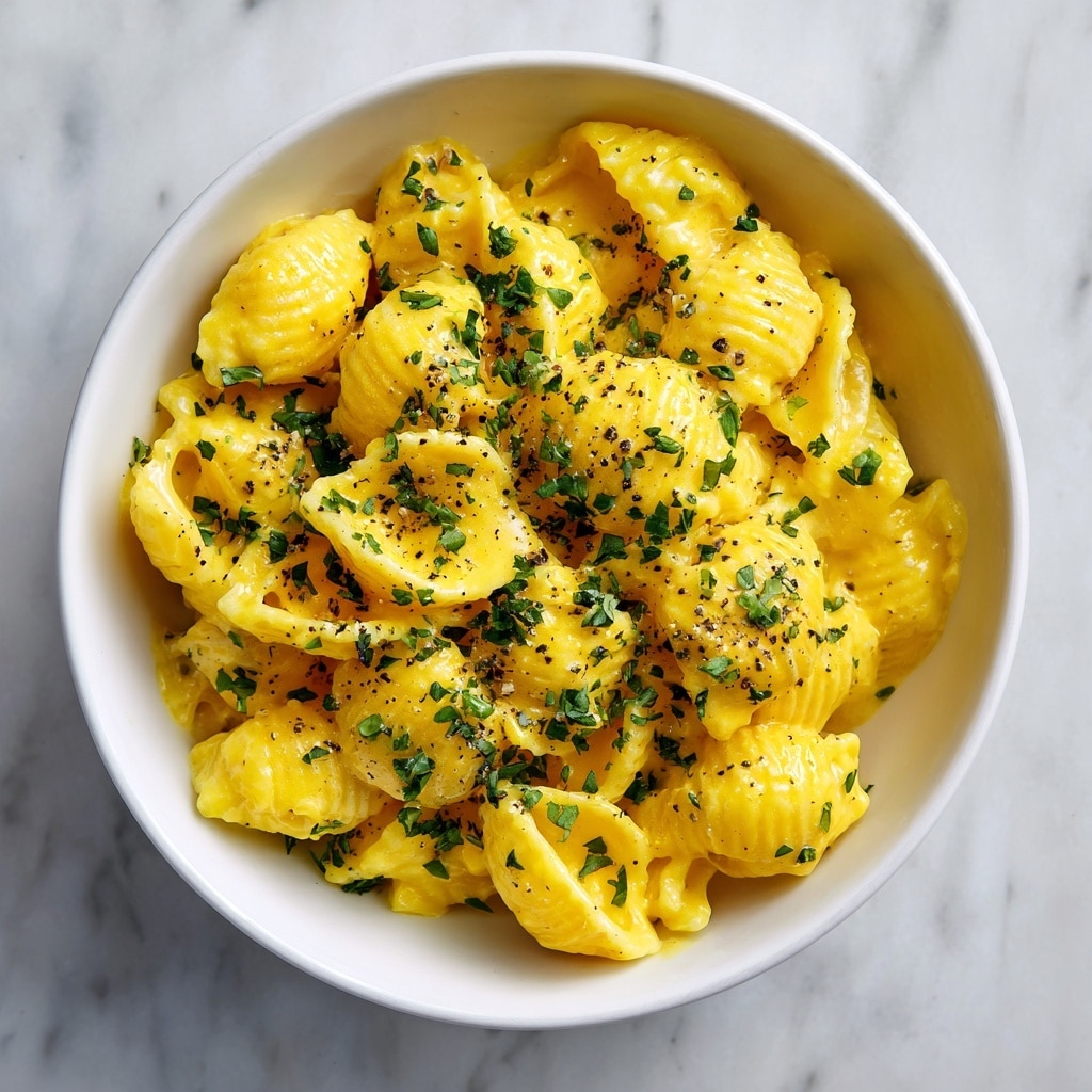A white bowl filled with creamy, bright yellow pasta shapes that have a slightly ridged texture. The pasta is coated with a smooth, rich cheese sauce, and small bits of black pepper and finely chopped fresh green herbs are sprinkled on top. The bowl sits on a white marbled surface that adds a clean background to the dish. photo taken with an iphone --ar 4:5 --v 7