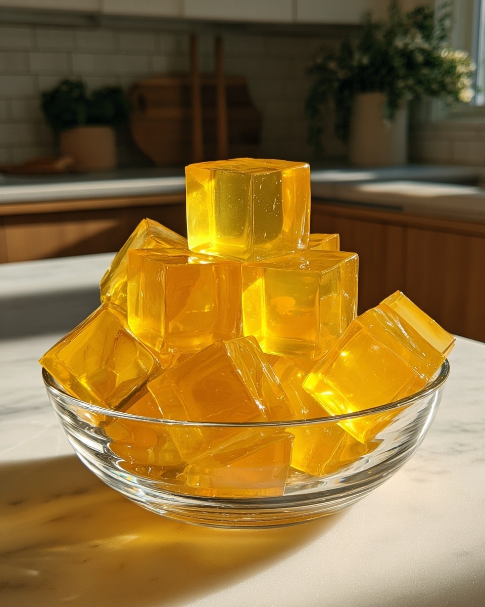 A clear glass bowl filled with many yellow translucent jelly cubes stacked on top of each other, showing smooth shiny surfaces and sharp edges, placed on a light wooden table with soft natural light casting gentle shadows. The background is a blurred kitchen setting with neutral tones, emphasizing the bright yellow cubes. photo taken with an iphone --ar 4:5 --v 7
