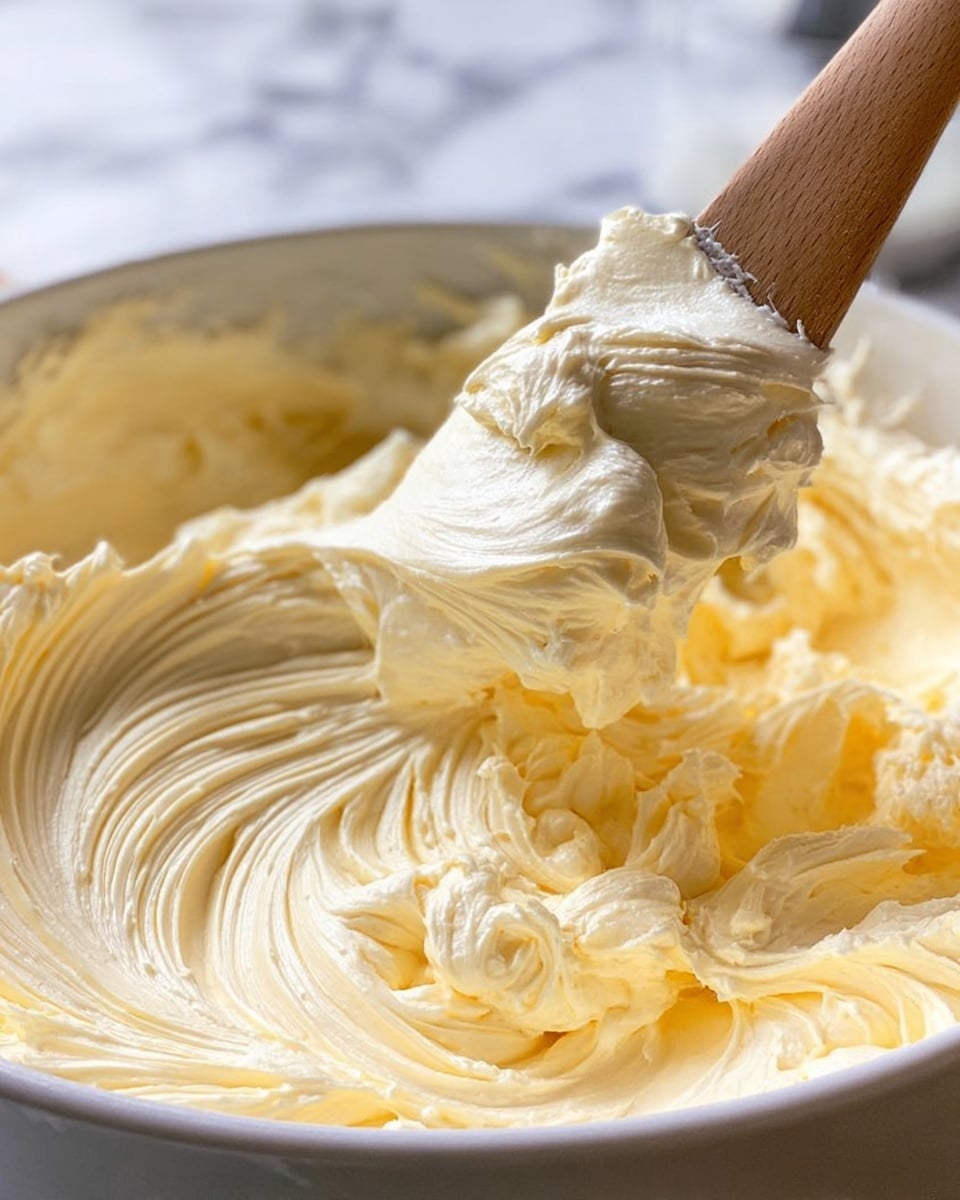A close-up view of a large white bowl filled with smooth, thick, and creamy light yellow buttercream frosting. A wooden spatula is stirring the frosting, lifting a soft, fluffy mound of it, showing its rich and velvety texture with delicate swirls and peaks. The interior sides of the bowl have some frosting spread unevenly, adding to the homemade feel. The background is a white marbled texture, giving a clean and bright look to the image. Photo taken with an iphone --ar 4:5 --v 7
