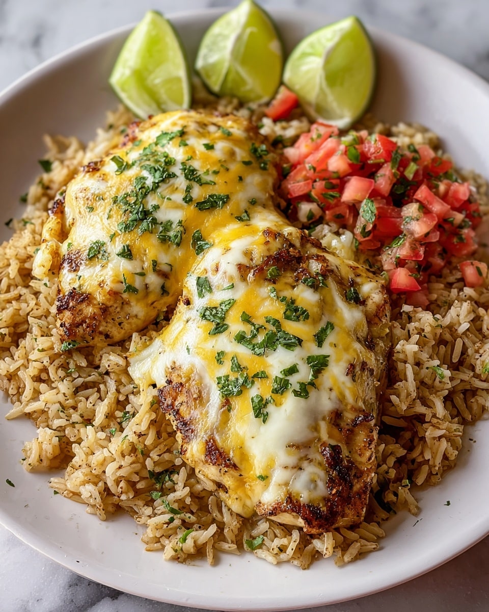 A white bowl filled with a bed of light brown seasoned rice, mixed with small green herbs, forms the bottom layer. On top are two pieces of grilled chicken breast, golden-brown with spices visible, covered with melted white cheese that looks creamy and slightly glossy, sprinkled with chopped green cilantro. At the back of the bowl, three bright green lime slices stand vertically against the rice, and to the right, a small portion of diced red tomatoes mixed with green cilantro adds a fresh pop of color. The whole dish rests on a white marbled texture surface. Photo taken with an iphone --ar 4:5 --v 7