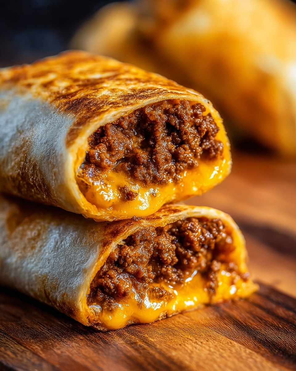 Two burritos cut in half, placed on a wooden surface, showing layers of melted cheddar cheese and seasoned ground beef inside. The burrito wrap is golden brown, slightly crispy with a soft, warm texture. The edges of the cheese are gooey and blend well with the rich, brown meat filling. One half rests on the other at an angle, highlighting the thick filling spilling out slightly. In the background, there is a blurred second burrito, all set on a white marbled surface. photo taken with an iphone --ar 4:5 --v 7