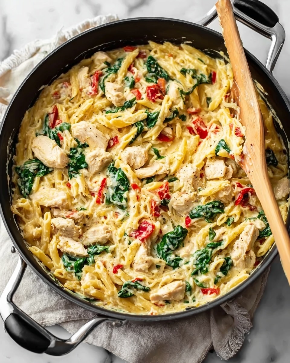 A large black pan filled with a creamy pasta dish showing three main layers: a base of soft spaghetti squash strands in a light yellow color, mixed with chunks of cooked white chicken pieces seasoned with black pepper, and fresh green spinach leaves scattered throughout. There are also small pieces of sun-dried tomatoes adding bright red accents. A wooden spoon stands in the pan, partly submerged in the pasta mix. The pan sits on a white marbled surface with a folded white cloth with thin black stripes nearby. In the foreground, a white bowl holds more bright red sun-dried tomatoes next to a silver spoon. Photo taken with an iphone --ar 4:5 --v 7