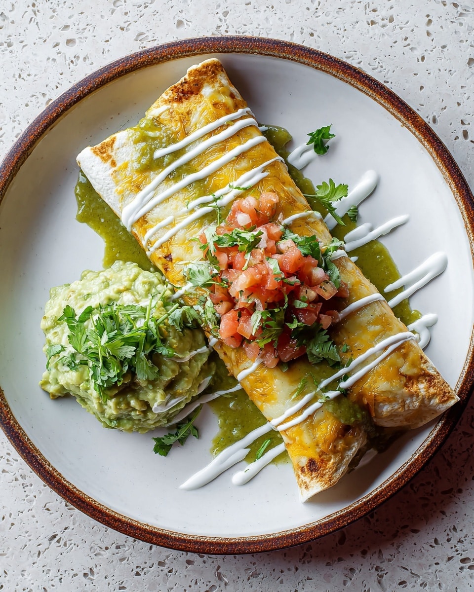 A single rolled enchilada covered with melted golden cheese and green sauce lies on a large white plate. It has white cream drizzled in diagonal thin lines across the top and is garnished with chopped red tomatoes and green herbs in the center. To the side, there is a chunky scoop of light green guacamole topped with a few large leaves of fresh cilantro. Under the guacamole and partly under the enchilada is some extra green sauce pooling on the plate. The background is a white marbled texture. photo taken with an iphone --ar 4:5 --v 7
