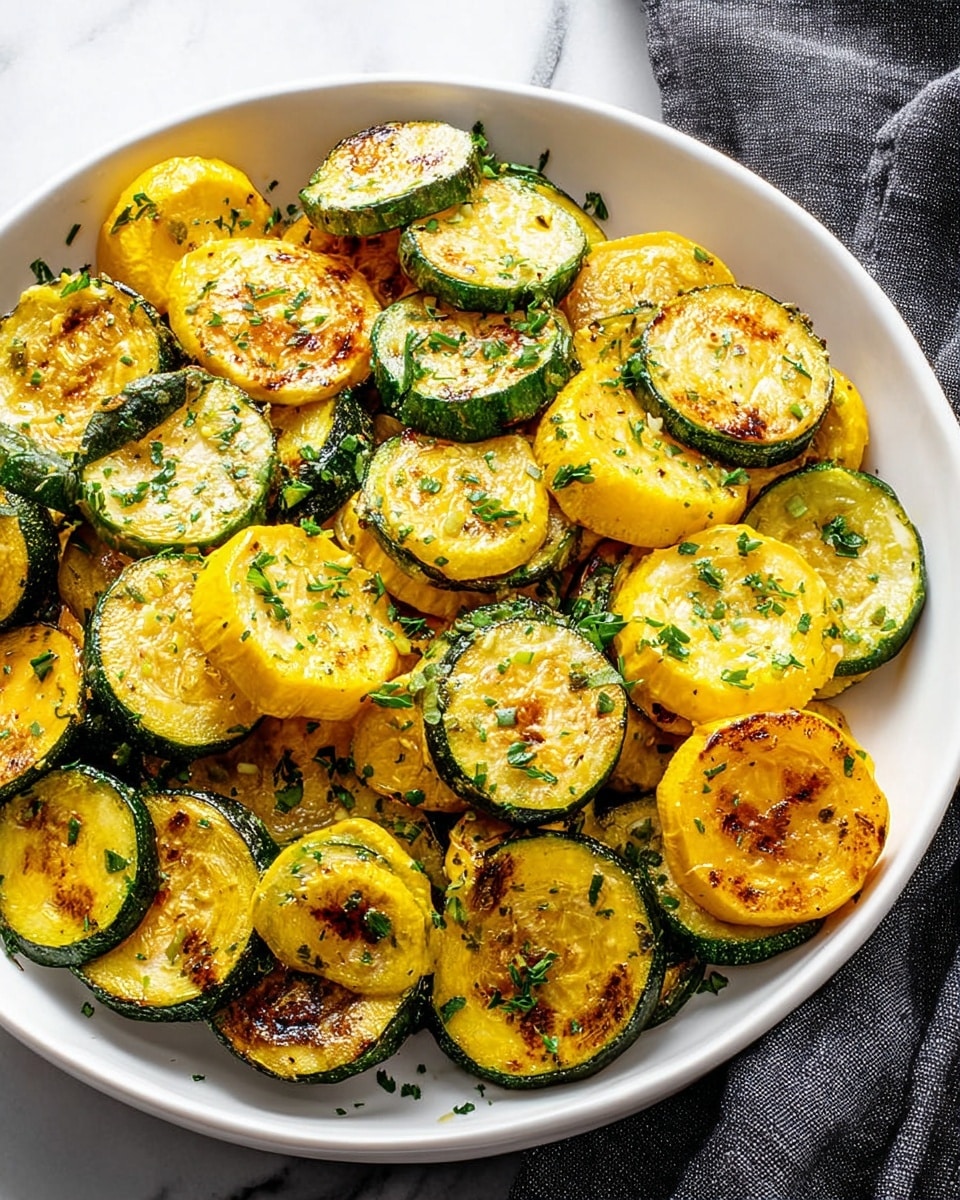 A white plate filled with two layers of round sliced roasted yellow and green zucchinis, each slice having a lightly browned, slightly charred texture with a shiny, oily surface. The yellow slices have a soft, smooth look with golden brown spots, while the green slices show a darker edge and grill marks. Small chopped green herbs are sprinkled evenly over the top, adding a fresh touch. The plate rests on a white marbled surface with a dark gray cloth napkin partially visible on the right side of the frame. Photo taken with an iphone --ar 4:5 --v 7